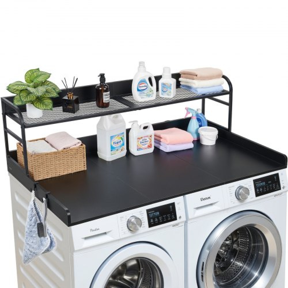 VEVOR Washer Dryer Countertop with Shelf, 137 x 69.9 cm Wooden Washer and Dryer Topper with Edge and 2 Hooks, Laundry Machine Topper for Laundry Closet Pantry Counter Organization and Storage, Black