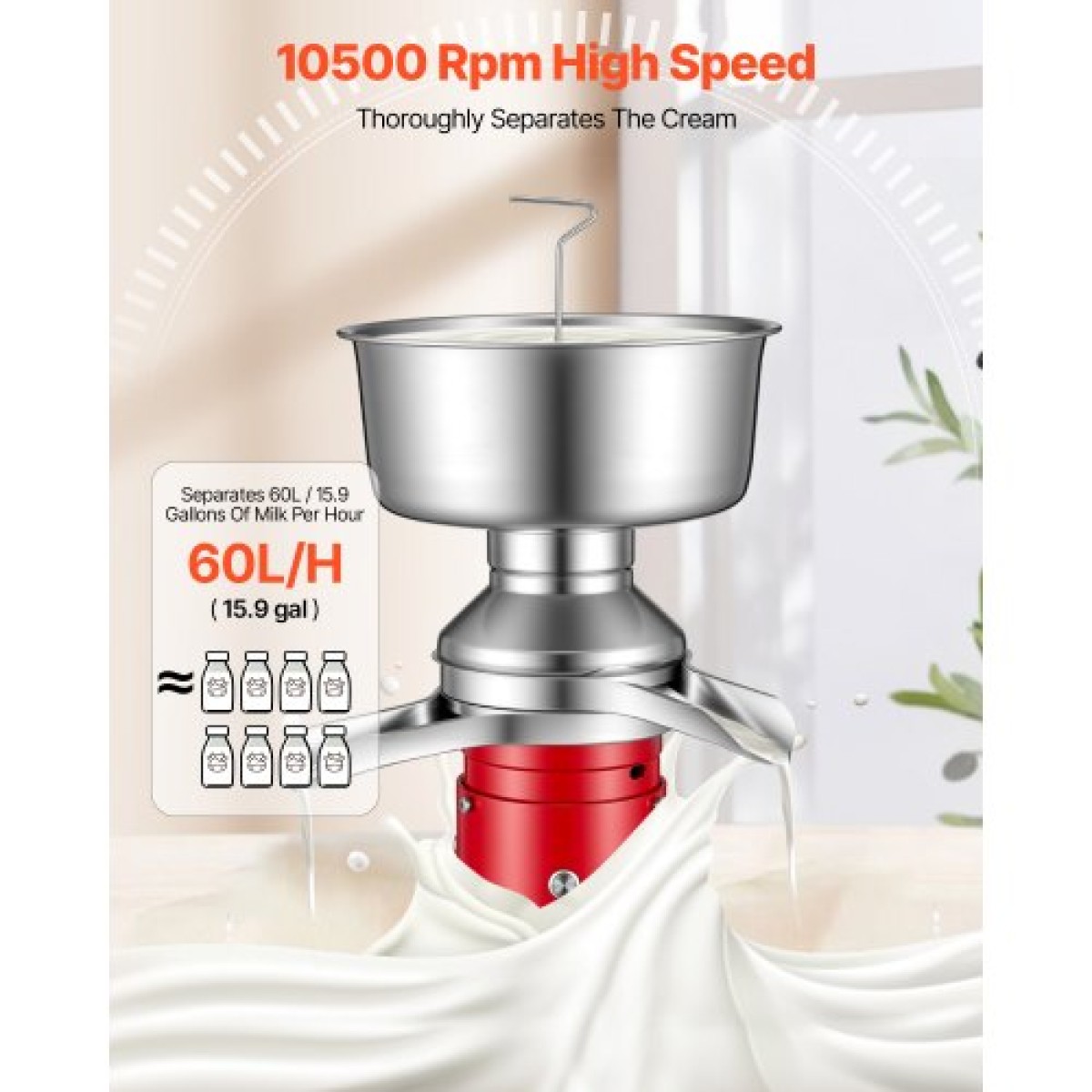 VEVOR Electric Milk Cream Separator, 60L/H Output 10500RPM Milk Cream Crifugal Separator, 304 Ανοξείδωτο Ατσάλι Γίδινο Αγελαδινό Γάλα Διαχωριστική Μηχανή με Χωρητικότητα μπολ 4,5L (40W, 100-240V)