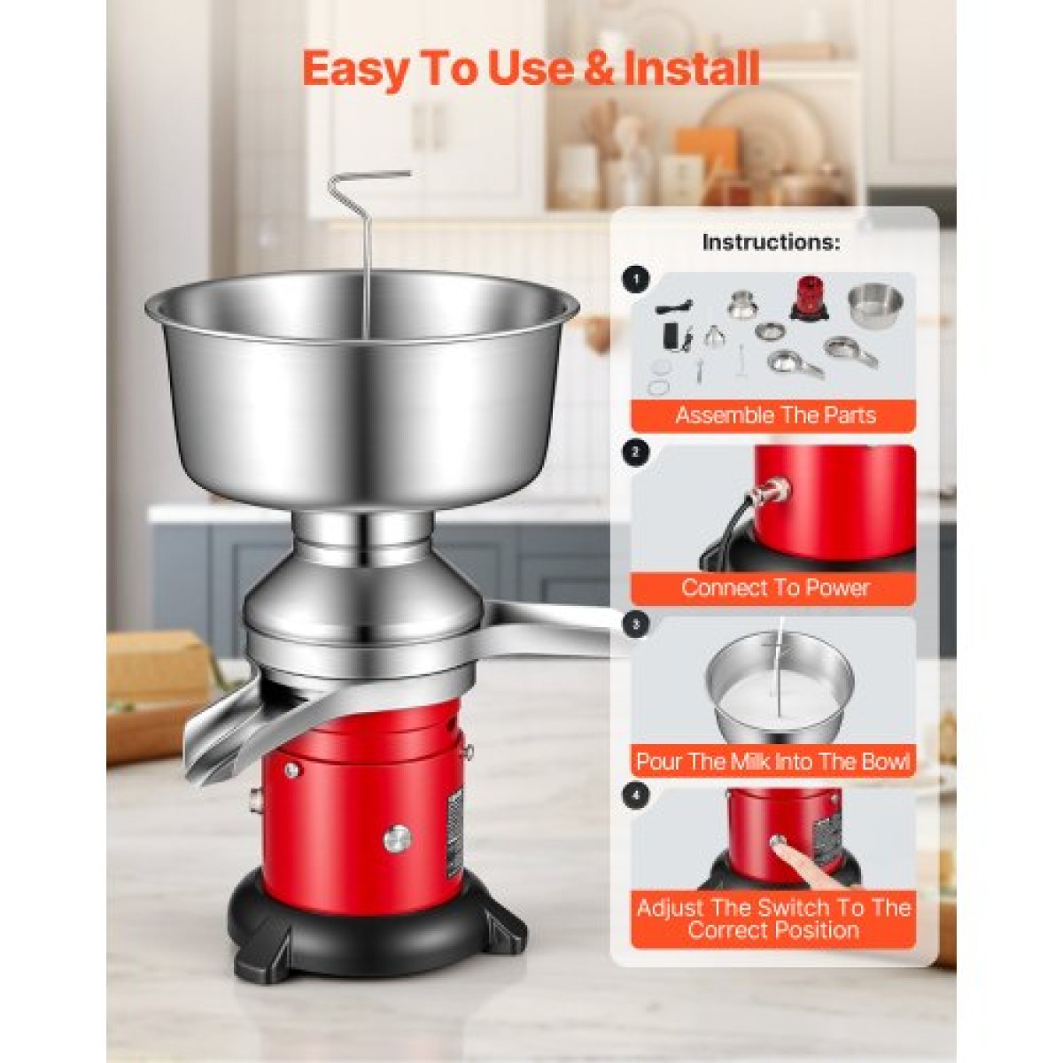VEVOR Electric Milk Cream Separator, 60L/H Output 10500RPM Milk Cream Crifugal Separator, 304 Ανοξείδωτο Ατσάλι Γίδινο Αγελαδινό Γάλα Διαχωριστική Μηχανή με Χωρητικότητα μπολ 4,5L (40W, 100-240V)