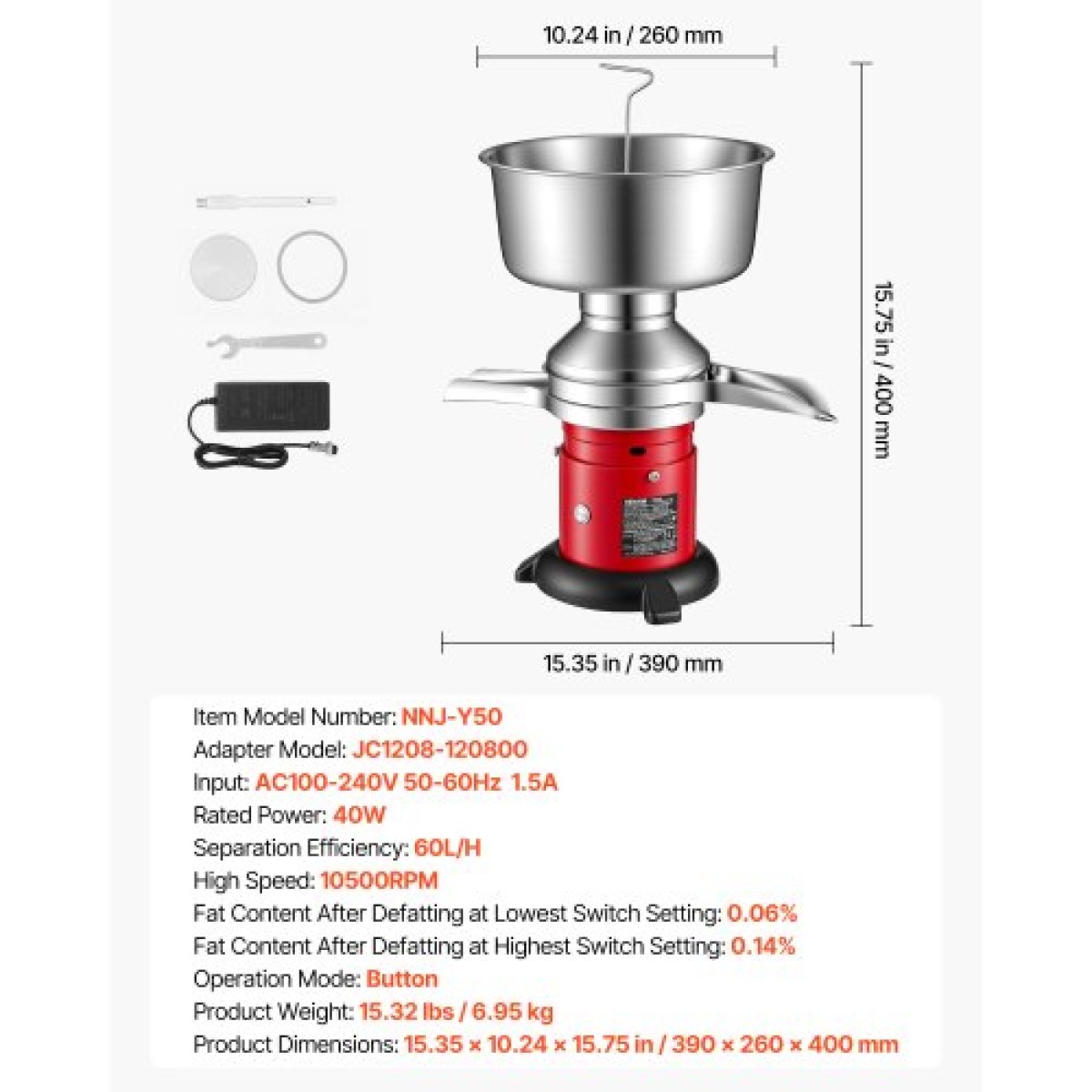 VEVOR Electric Milk Cream Separator, 60L/H Output 10500RPM Milk Cream Crifugal Separator, 304 Ανοξείδωτο Ατσάλι Γίδινο Αγελαδινό Γάλα Διαχωριστική Μηχανή με Χωρητικότητα μπολ 4,5L (40W, 100-240V)
