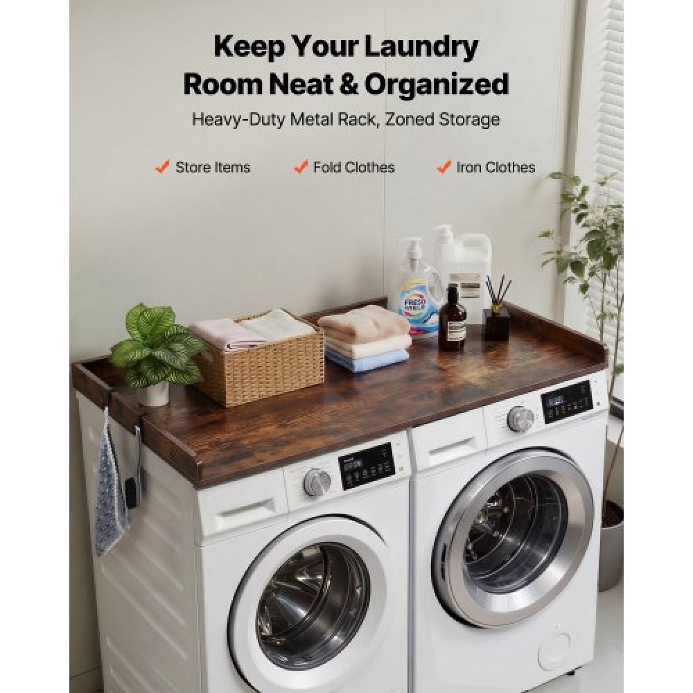 VEVOR Washer Dryer Countertop, 137 x 69.9 cm Wooden Washer and Dryer Topper with Edge & Hooks, Water-Resistant Laundry Machine Topper for Laundry Closet Pantry Counter Organization and Storage, Brown