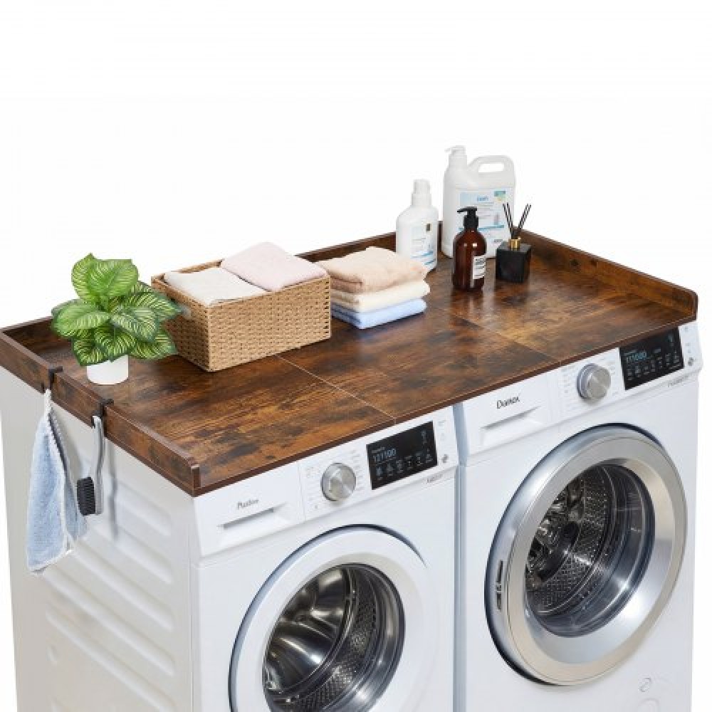 VEVOR Washer Dryer Countertop, 137 x 69.9 cm Wooden Washer and Dryer Topper with Edge & Hooks, Water-Resistant Laundry Machine Topper for Laundry Closet Pantry Counter Organization and Storage, Brown
