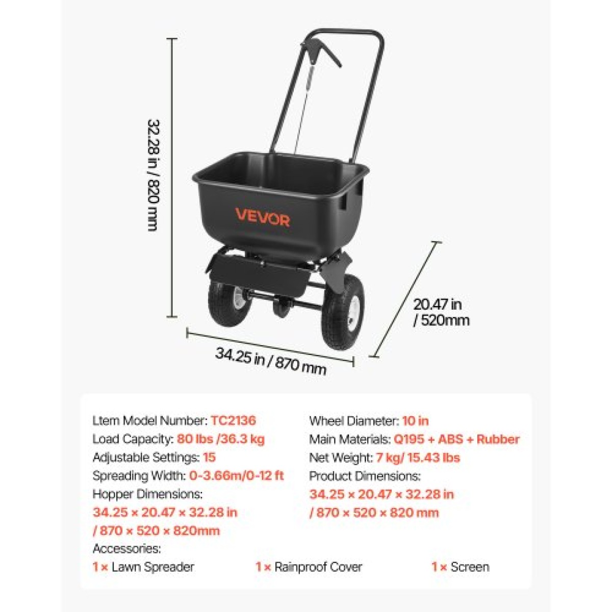 VEVOR Push Lawn Spreader, 3,6m Spreading Width, Broadcast Spreader με χωρητικότητα 36,3kg & 10 in All-Terrain ελαστικά, Walk-Behind Garden & Lawn Broadcast Spreaders for Seed Fertilizer, Salt Ice Melt