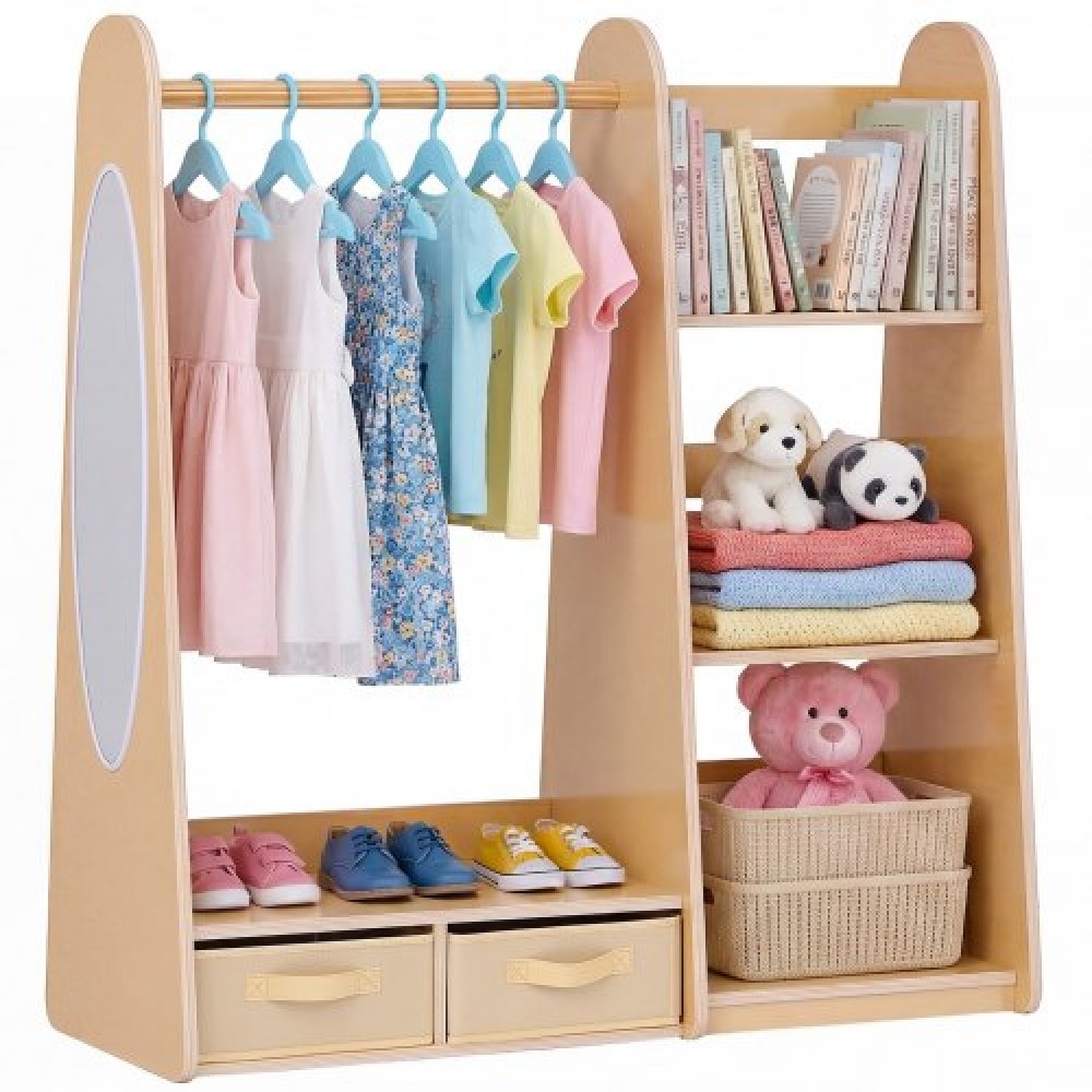 VEVOR Kids Dress Up Storage, με καθρέφτη, Ντουλάπα ντυσίματος, Ντουλάπα ντουλάπα για μικρά κορίτσια, ντουλάπα με ράφια & κάτω δίσκο, οργανωτή κοστουμιών, έπιπλα παιδικού δωματίου, για υπνοδωμάτιο, φυσικό