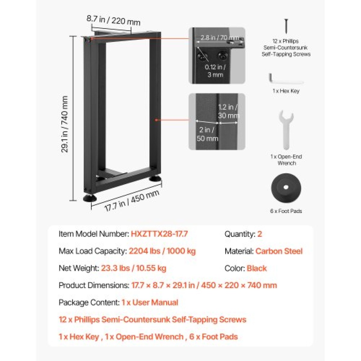 Επιτραπέζια πόδια VEVOR, 740 x 450 mm (Υ x Π) Τετράγωνα Πόδια επίπλων από χάλυβα σχήματος Τ, Αρθρωτή σχεδίαση, Εύκολη συναρμολόγηση, 1000 κιλά Μέγιστο φορτίο Βαρέως, για γραφείο στο σπίτι, τραπέζι φαγητού, πάγκος εργασίας, σετ 2, μαύρο