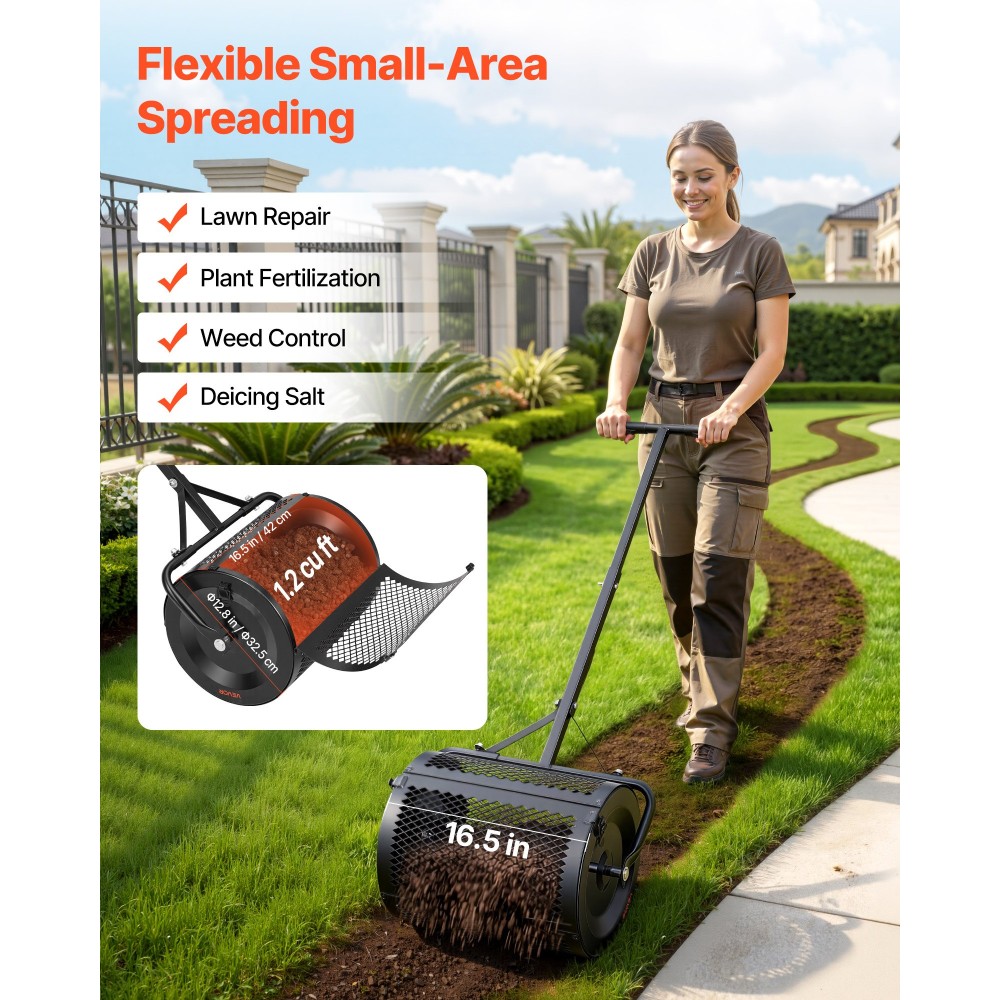 VEVOR Compost Spreader, πλάτος 42 cm Peat Moss Spreader με λαβή σε σχήμα T, ρυθμιζόμενο 3 ύψη, κύλινδρο τύρφης κήπου με επίστρωση πούδρας, κύλινδρος σπόρων βαρέως τύπου Grass Seed για σπορά φύτευσης, Μαύρος