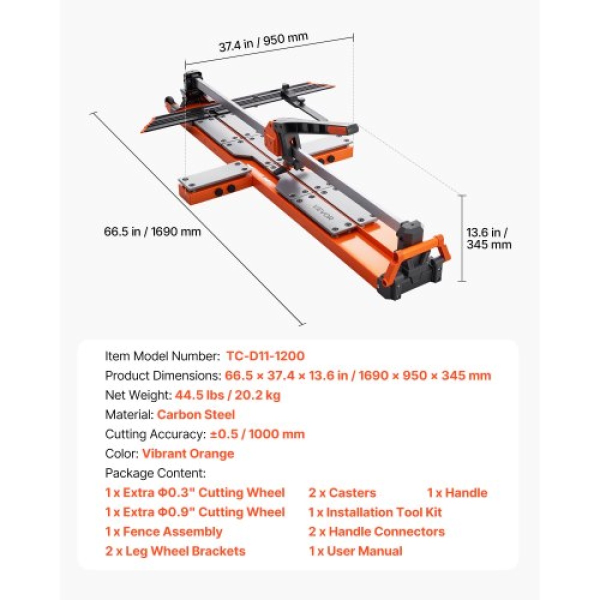 VEVOR 1200 mm Χειροκίνητος κόφτης πλακιδίων, Εργαλείο κοπής βάσης με ελατήριο με ρυθμιζόμενο γωνιακό φράκτη, τροχός κοπής καρβιδίου βολφραμίου, Οδηγός ευθυγράμμισης ακριβείας, για επαγγελματίες DIY, κεραμικά, πλακάκια δαπέδου και τοίχου