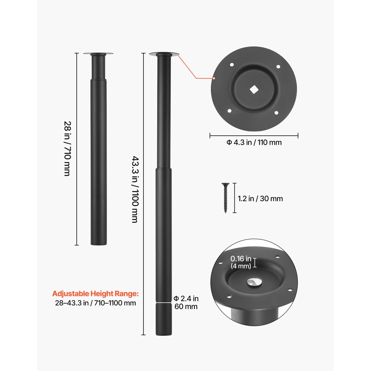 VEVOR Ρυθμιζόμενα πόδια τραπεζιού, 710-1100 mm Πόδια επίπλων από χάλυβα, 544 kg Μέγιστο φορτίο βαρέως τύπου, Γρήγορη εγκατάσταση, Ιδανικό για γραφείο στο σπίτι DIY, Τραπέζια για δείπνο καφέ, Πάγκοι εργασίας, Σετ 4, Μαύρο
