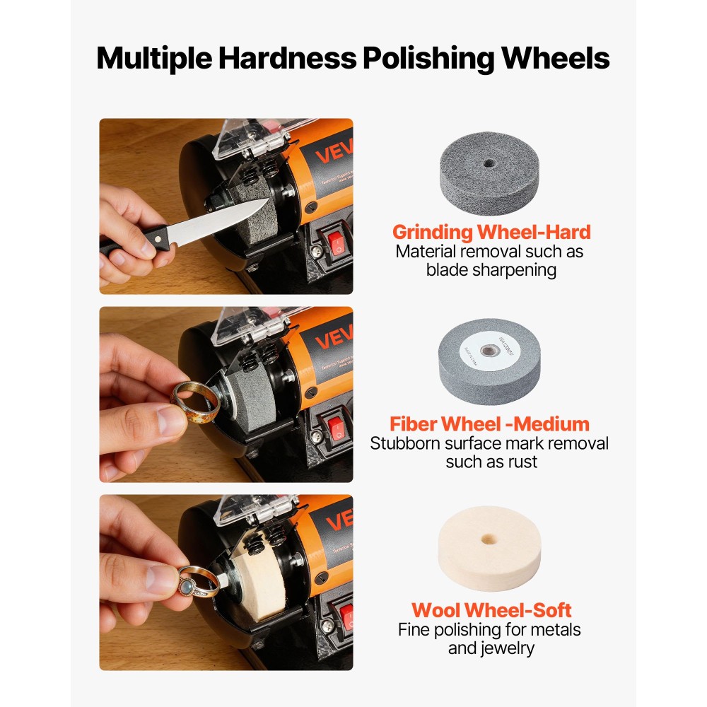 VEVOR Πάγκος Buffer Polisher, 8300-10600 RPM Ρυθμιζόμενη ταχύτητα, μηχανή στίλβωσης και γυαλίσματος με τροχούς λείανσης, ινών και μαλλί, κιτ αξεσουάρ 100 τεμαχίων, για κοσμήματα, ξύλο, μέταλλο, ακατέργαστη πέτρα, νεφρίτη DIY