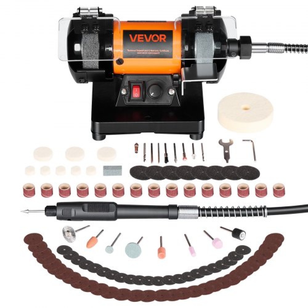 VEVOR Πάγκος Buffer Polisher, 8300-10600 RPM Ρυθμιζόμενη ταχύτητα, μηχανή στίλβωσης και γυαλίσματος με τροχούς λείανσης, ινών και μαλλί, κιτ αξεσουάρ 100 τεμαχίων, για κοσμήματα, ξύλο, μέταλλο, ακατέργαστη πέτρα, νεφρίτη DIY