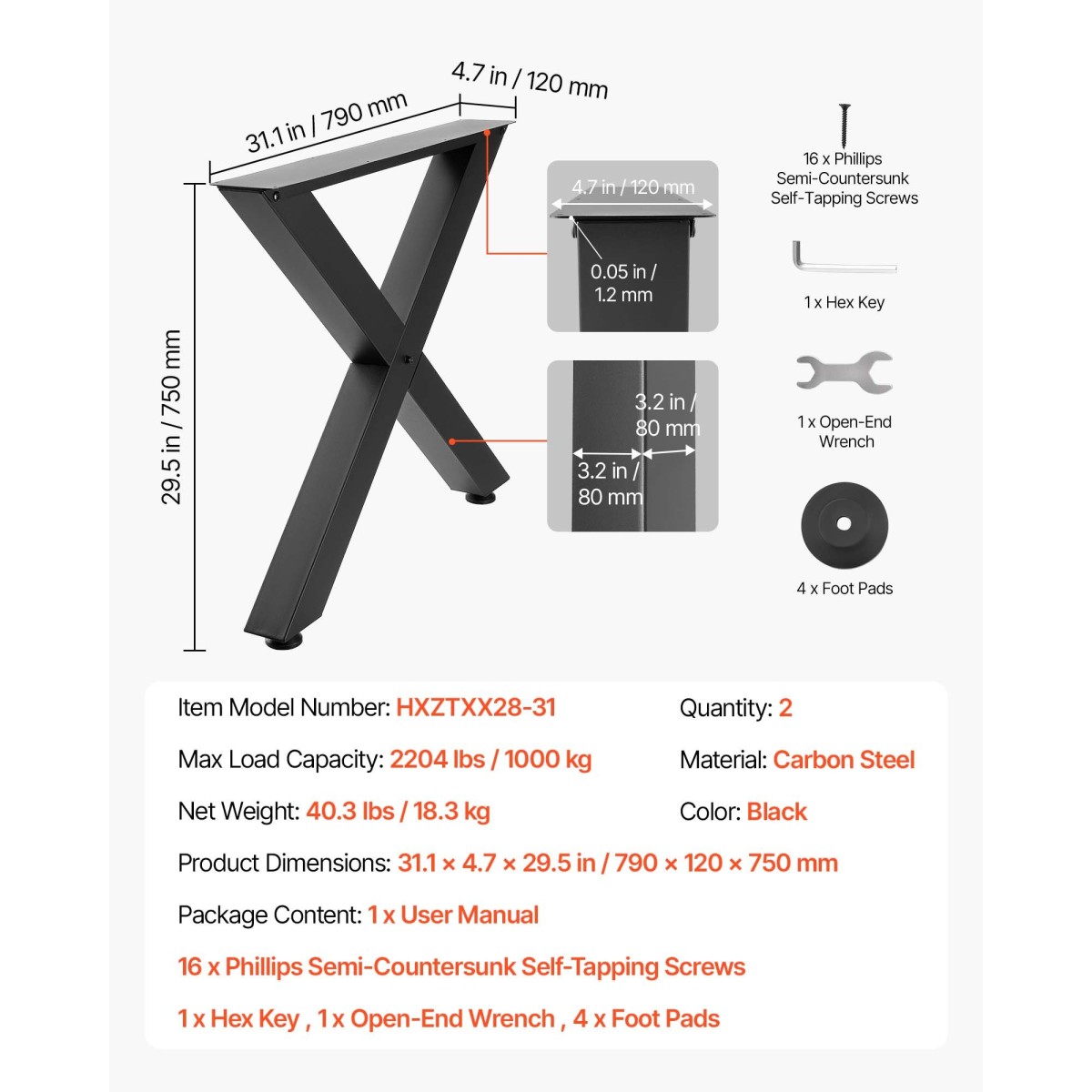 Επιτραπέζια πόδια VEVOR, 750 x 790 mm (Υ x Π) Ατσάλινα πόδια επίπλων, Αρθρωτή σχεδίαση, Εύκολη συναρμολόγηση, 1000 kg Μέγιστο φορτίο Βαρέως, για Γραφείο στο σπίτι, Τραπέζια Μπαρ καφέ, Πάγκος εργασίας, 2 ΤΕΜ., Πλαίσιο X, Μαύρο