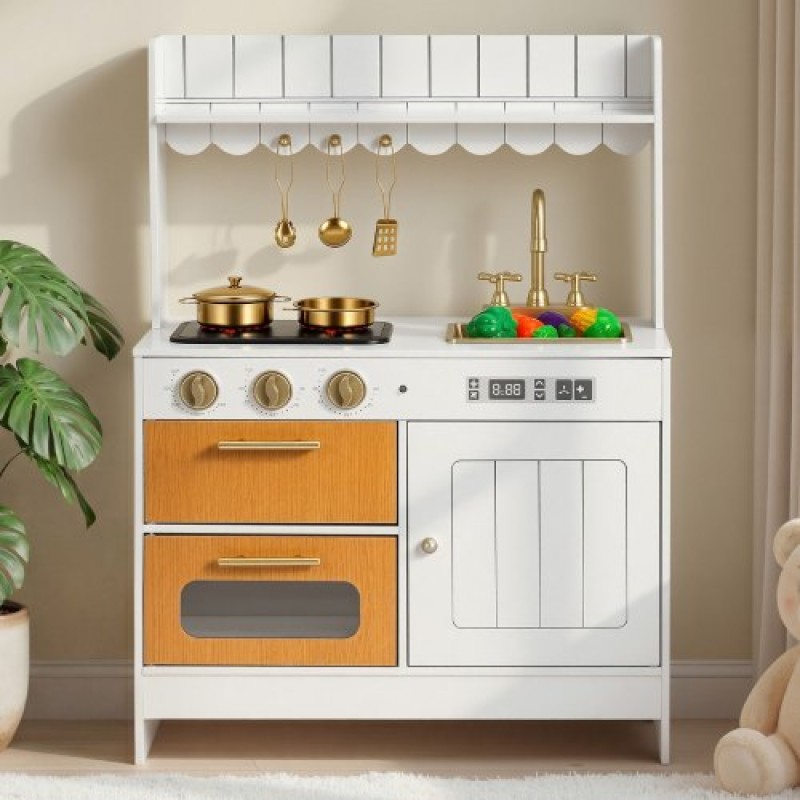 VEVOR Play Kitchen for Kids, Ξύλινο, Παιδικό Σετ Κουζίνας με αληθινά φώτα και ήχους, Αξεσουάρ για φαγητό και μαγειρικά σκεύη, σετ παιχνιδιών Pretend Play, Νεροχύτης, Φούρνος, Σόμπα, Ντουλάπα, για νήπια, κορίτσια και αγόρια 3-8 ετών