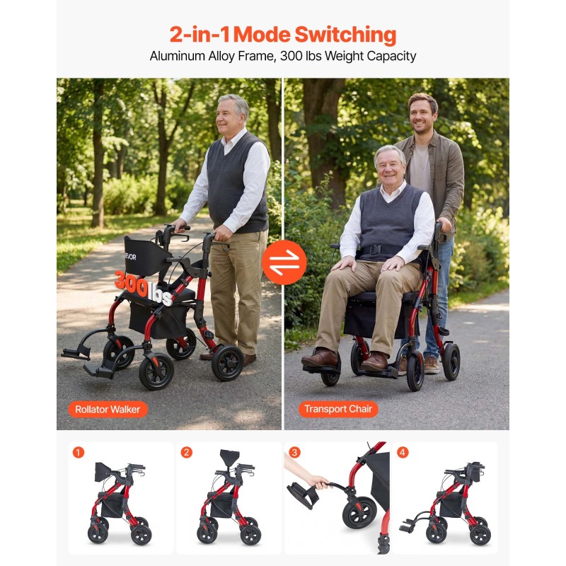 VEVOR 2-σε-1 Rollator Walker & Transport Chair για ηλικιωμένους, Αναδιπλούμενο Rolling Walker Wheelchair, Ελαφρύ Αλουμίνιο Mobility Walking Aid με συμπαγείς τροχούς PU, θήκη για φλιτζάνια και μπαστούνι - Υποστηρίζει 136kg