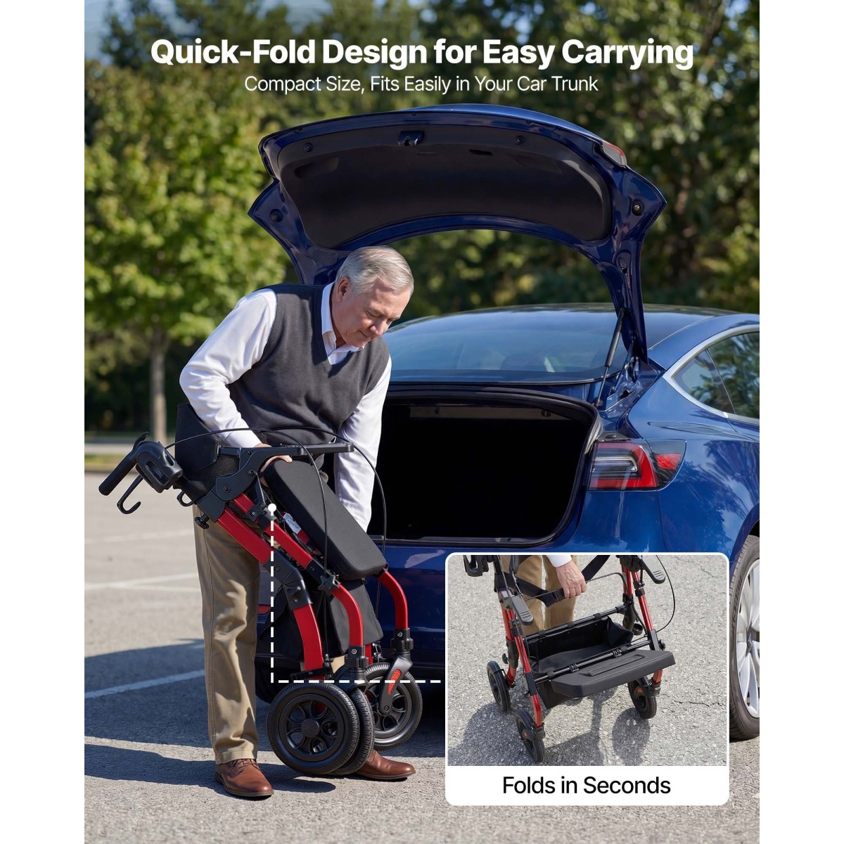 VEVOR 2-σε-1 Rollator Walker & Transport Chair για ηλικιωμένους, Αναδιπλούμενο Rolling Walker Wheelchair, Ελαφρύ Αλουμίνιο Mobility Walking Aid με συμπαγείς τροχούς PU, θήκη για φλιτζάνια και μπαστούνι - Υποστηρίζει 136kg