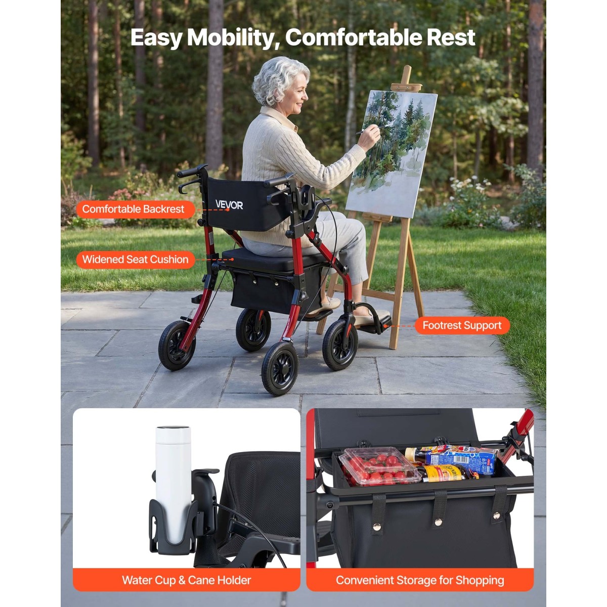 VEVOR 2-σε-1 Rollator Walker & Transport Chair για ηλικιωμένους, Αναδιπλούμενο Rolling Walker Wheelchair, Ελαφρύ Αλουμίνιο Mobility Walking Aid με συμπαγείς τροχούς PU, θήκη για φλιτζάνια και μπαστούνι - Υποστηρίζει 136kg