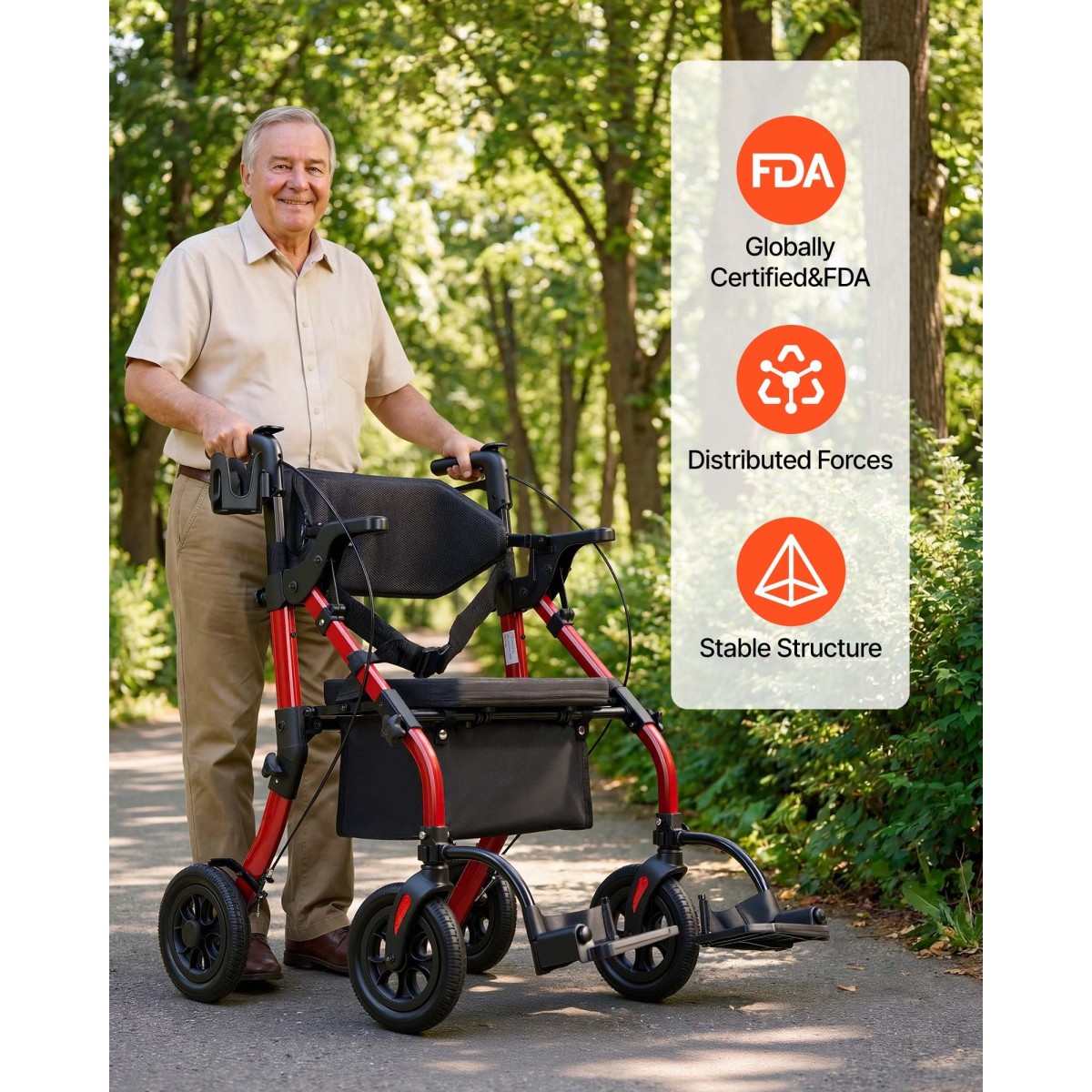 VEVOR 2-σε-1 Rollator Walker & Transport Chair για ηλικιωμένους, Αναδιπλούμενο Rolling Walker Wheelchair, Ελαφρύ Αλουμίνιο Mobility Walking Aid με συμπαγείς τροχούς PU, θήκη για φλιτζάνια και μπαστούνι - Υποστηρίζει 136kg
