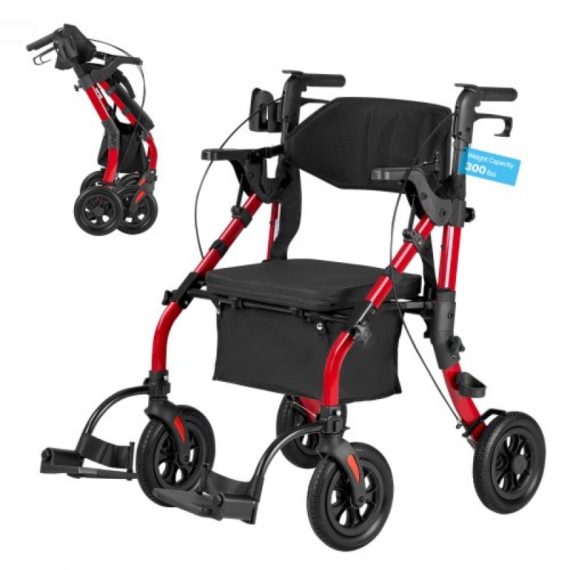 VEVOR 2-σε-1 Rollator Walker & Transport Chair για ηλικιωμένους, Αναδιπλούμενο Rolling Walker Wheelchair, Ελαφρύ Αλουμίνιο Mobility Walking Aid με συμπαγείς τροχούς PU, θήκη για φλιτζάνια και μπαστούνι - Υποστηρίζει 136kg