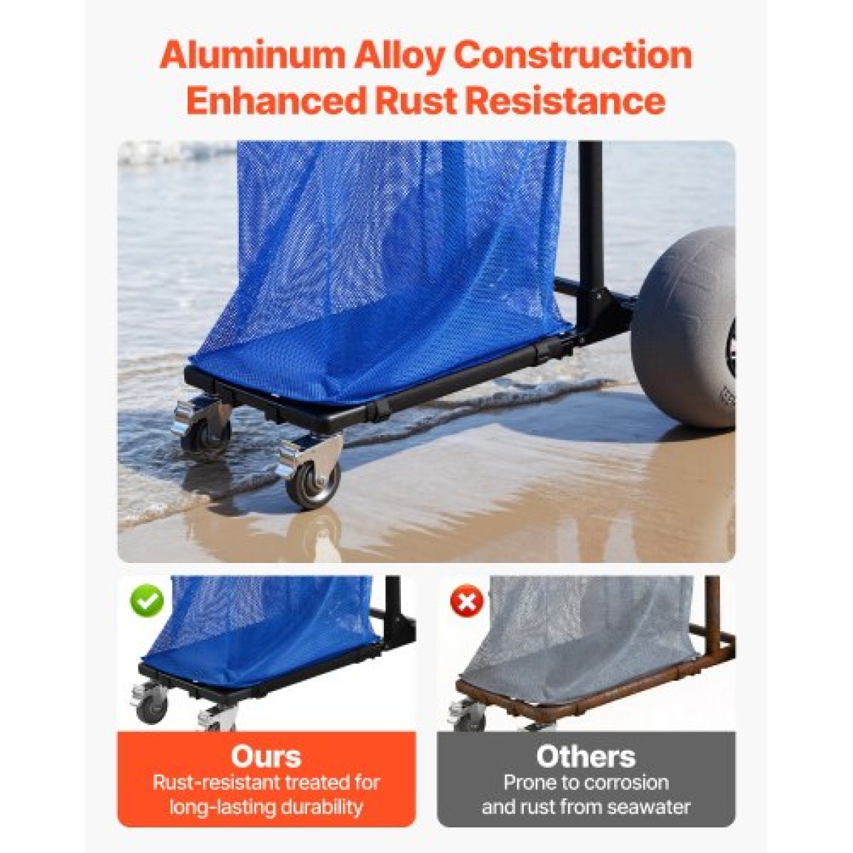 VEVOR Beach Cart with Large Wheels for Sand, 75 kg Load Capacity, Heavy Duty Folding Beach Wagon with 320 mm Balloon Wheels, Storage Bag, 180° Adjustable Handlebar, Dolly for Camping Fishing Garden