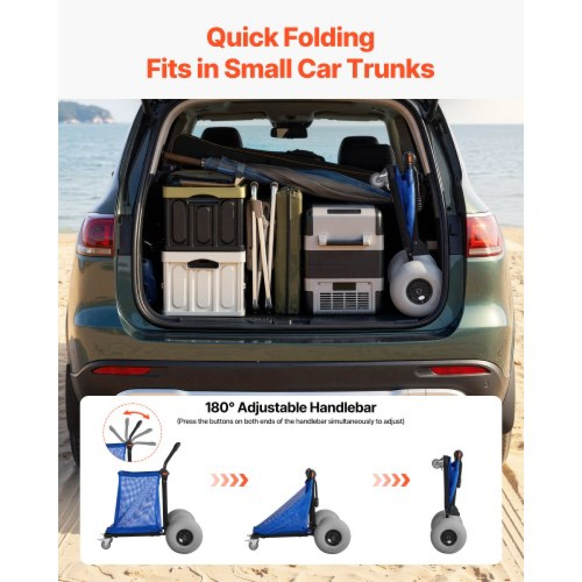 VEVOR Beach Cart with Large Wheels for Sand, 75 kg Load Capacity, Heavy Duty Folding Beach Wagon with 320 mm Balloon Wheels, Storage Bag, 180° Adjustable Handlebar, Dolly for Camping Fishing Garden