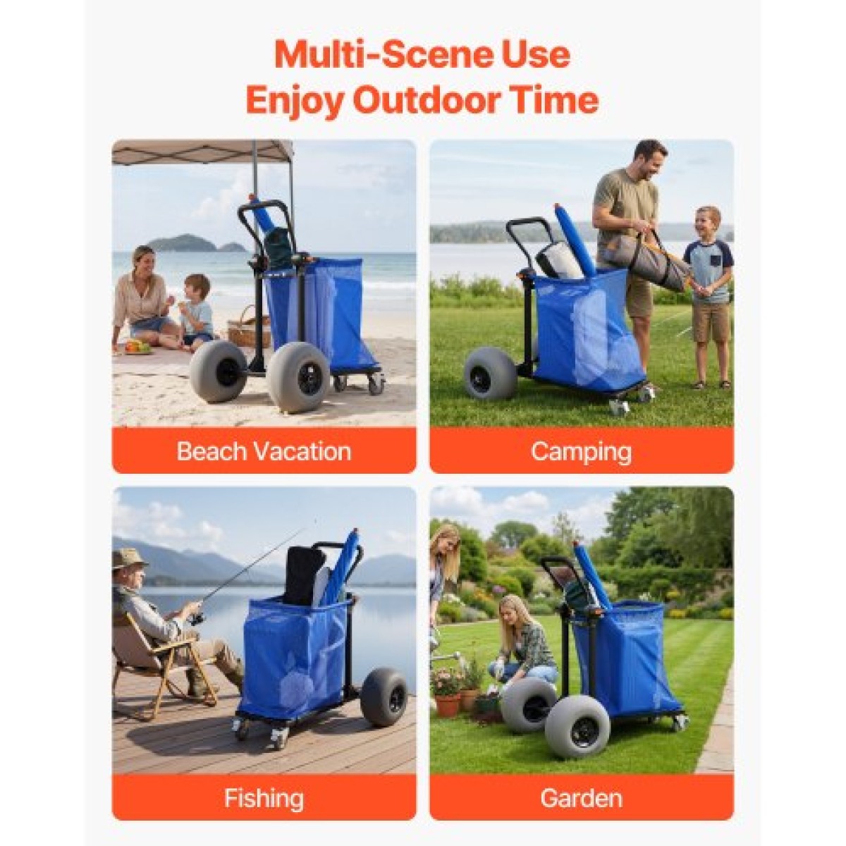 VEVOR Beach Cart with Large Wheels for Sand, 75 kg Load Capacity, Heavy Duty Folding Beach Wagon with 320 mm Balloon Wheels, Storage Bag, 180° Adjustable Handlebar, Dolly for Camping Fishing Garden