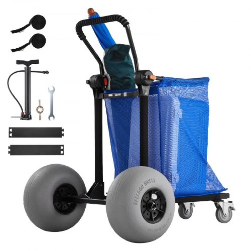 VEVOR Beach Cart with Large Wheels for Sand, 75 kg Load Capacity, Heavy Duty Folding Beach Wagon with 320 mm Balloon Wheels, Storage Bag, 180° Adjustable Handlebar, Dolly for Camping Fishing Garden