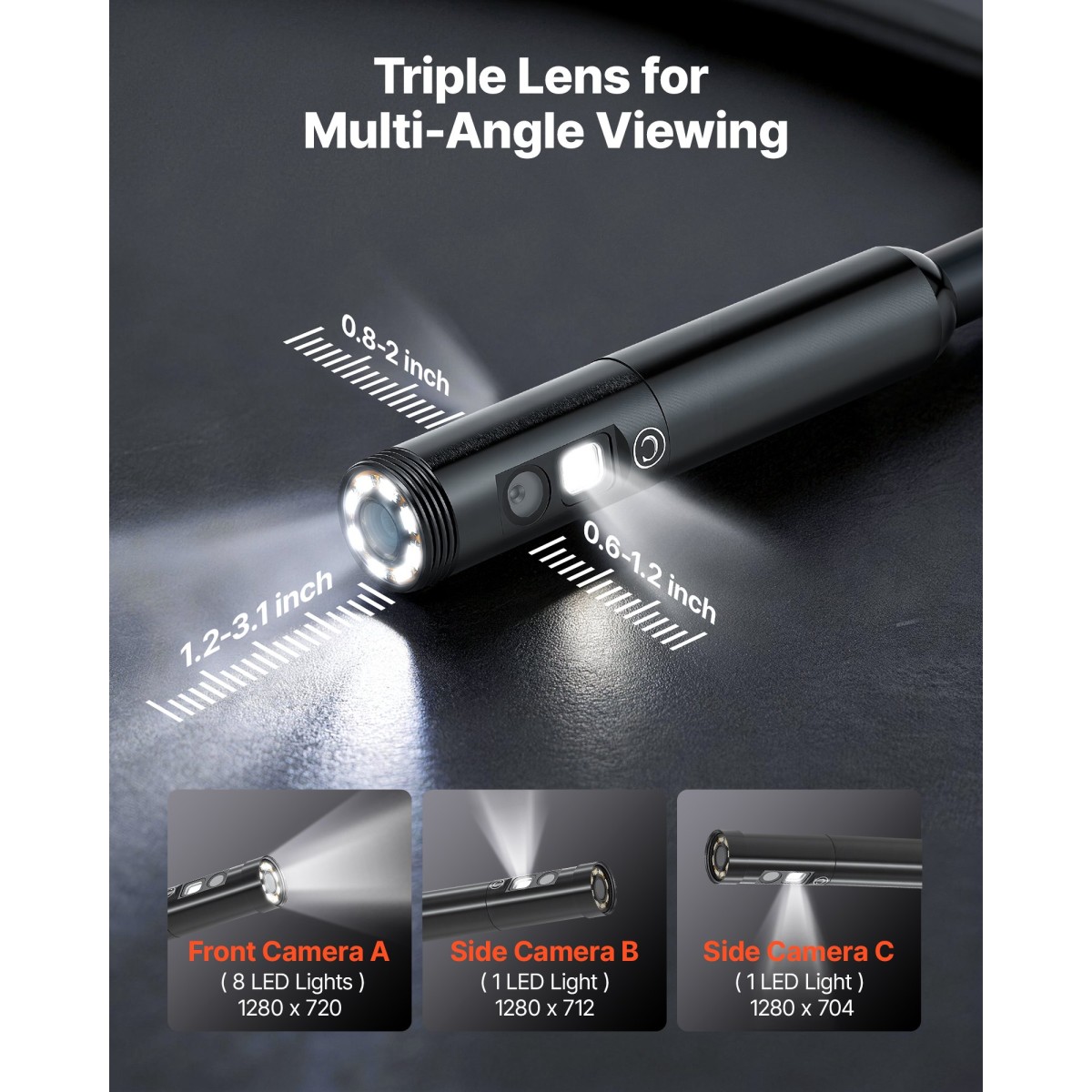 VEVOR Triple Lens Endoscope with Light, 4,5" HD IPS Screen Industrial Borescope Camera, 8 + 2 Lights, 8X Zoom, IP67 Waterproof Inspection Snake Camera για αυτοκίνητα, υδραυλικά (5m άκαμπτο καλώδιο)