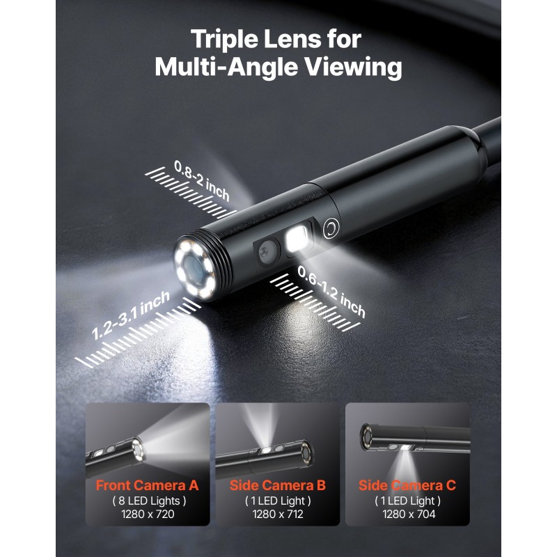 VEVOR Triple Lens Endoscope with Light, 4,5" HD IPS Screen Industrial Borescope Camera, 8 + 2 Lights, 8X Zoom, IP67 Waterproof Inspection Snake Camera για αυτοκίνητα, υδραυλικά (5m άκαμπτο καλώδιο)