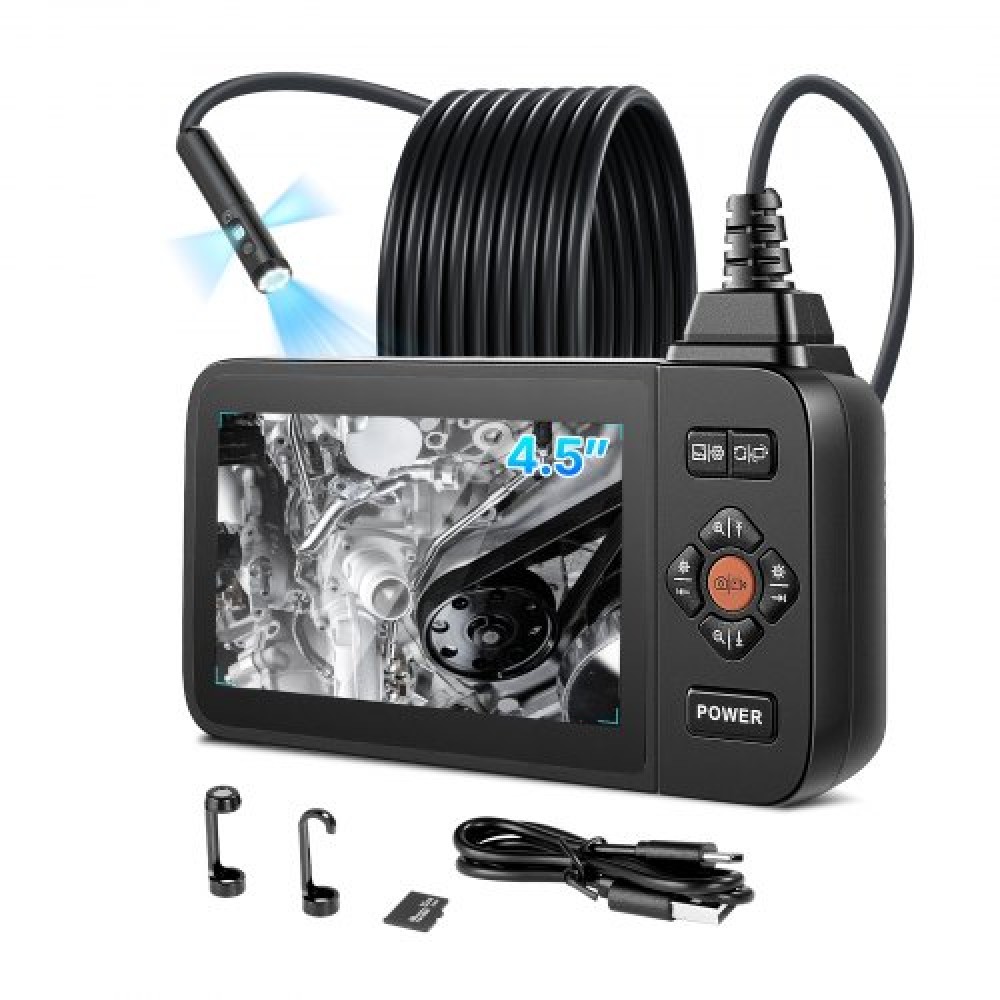 VEVOR Triple Lens Endoscope with Light, 4,5" HD IPS Screen Industrial Borescope Camera, 8 + 2 Lights, 8X Zoom, IP67 Waterproof Inspection Snake Camera για αυτοκίνητα, υδραυλικά (5m άκαμπτο καλώδιο)