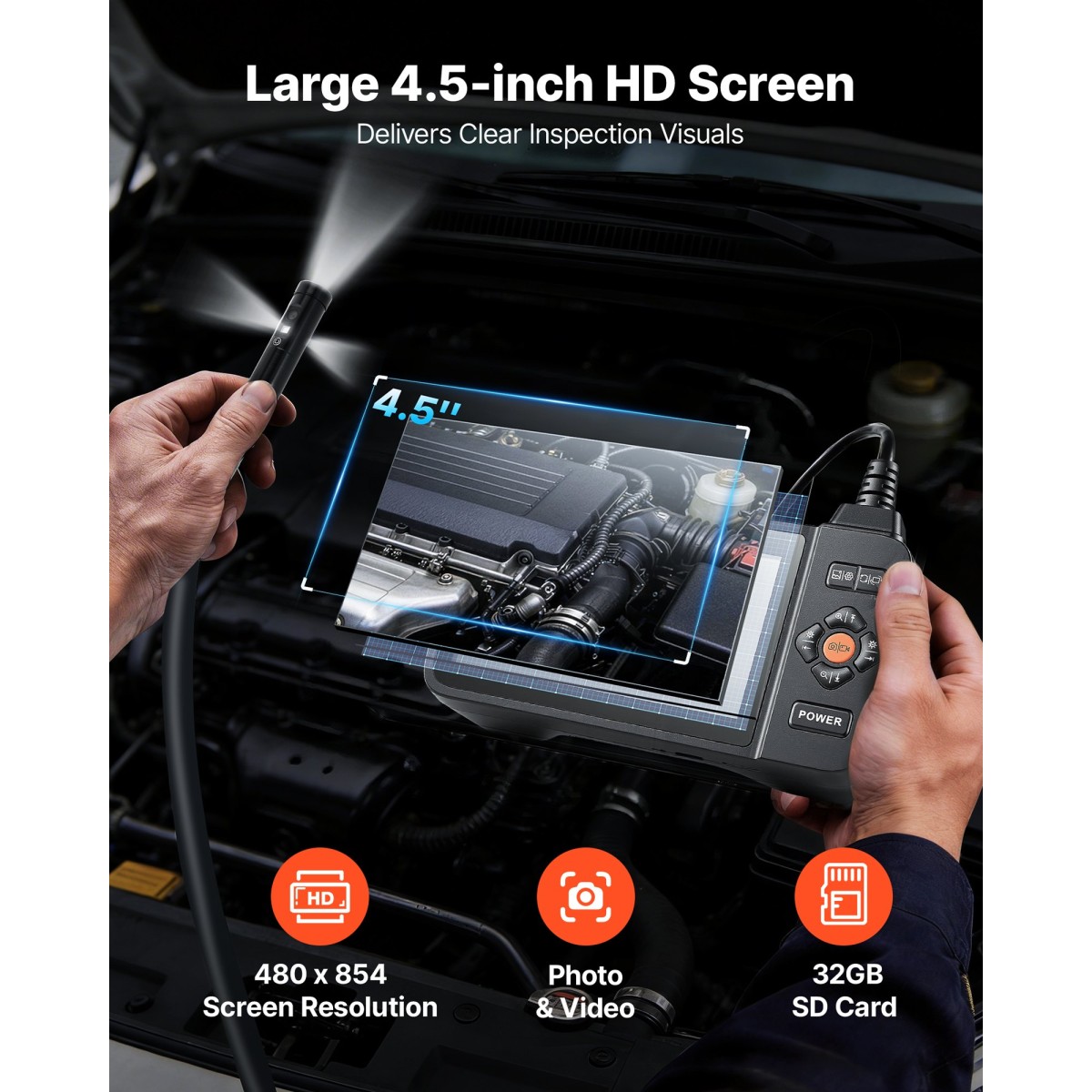 VEVOR Triple Lens Endoscope with Light, 4,5" HD IPS Screen Industrial Borescope Camera, 8 + 2 Lights, 8X Zoom, IP67 Waterproof Inspection Snake Camera για αυτοκίνητα, υδραυλικά (5m άκαμπτο καλώδιο)