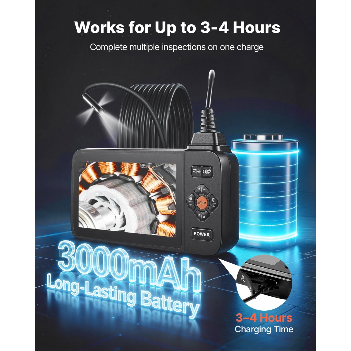 VEVOR Triple Lens Endoscope with Light, 4,5" HD IPS Screen Industrial Borescope Camera, 8 + 2 Lights, 8X Zoom, IP67 Waterproof Inspection Snake Camera για αυτοκίνητα, υδραυλικά (5m άκαμπτο καλώδιο)