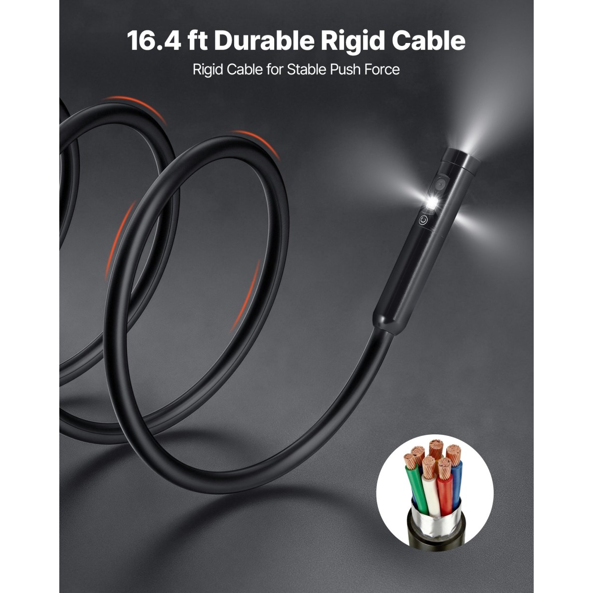 VEVOR Triple Lens Endoscope with Light, 4,5" HD IPS Screen Industrial Borescope Camera, 8 + 2 Lights, 8X Zoom, IP67 Waterproof Inspection Snake Camera για αυτοκίνητα, υδραυλικά (5m άκαμπτο καλώδιο)