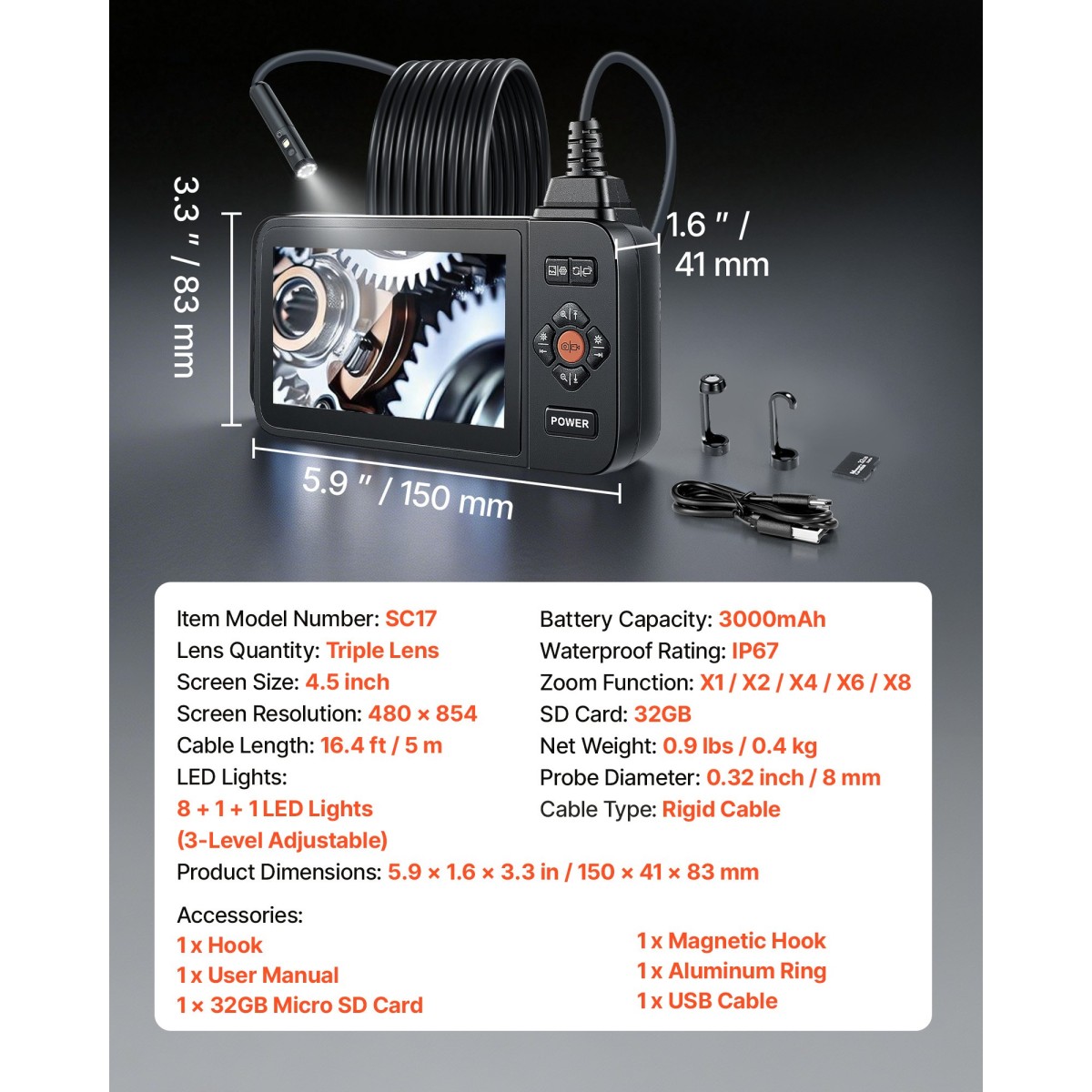 VEVOR Triple Lens Endoscope with Light, 4,5" HD IPS Screen Industrial Borescope Camera, 8 + 2 Lights, 8X Zoom, IP67 Waterproof Inspection Snake Camera για αυτοκίνητα, υδραυλικά (5m άκαμπτο καλώδιο)