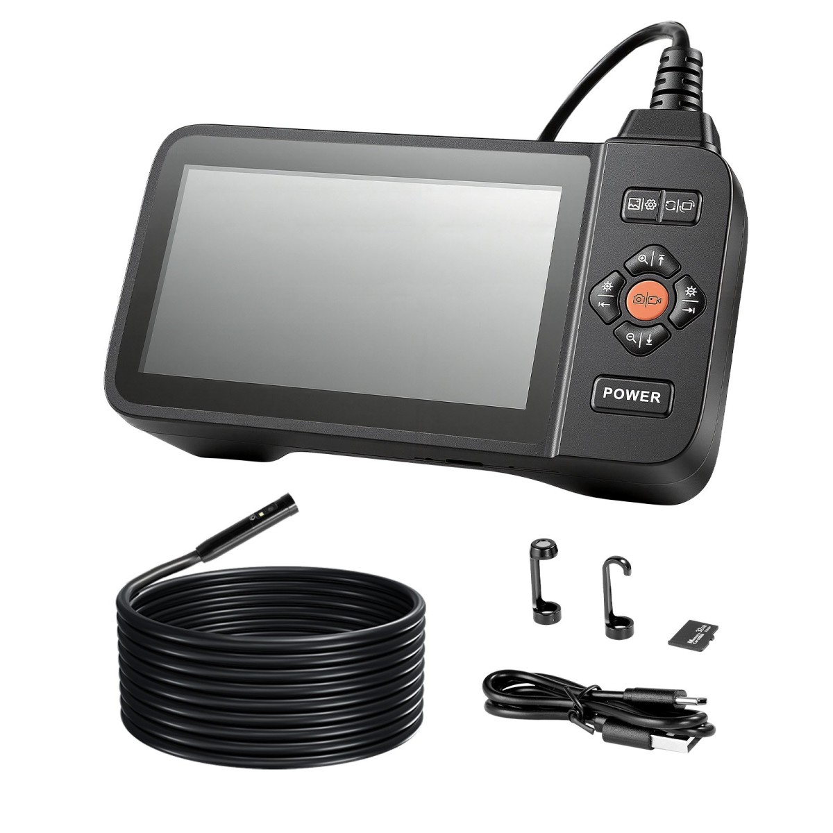 VEVOR Triple Lens Endoscope with Light, 4,5" HD IPS Screen Industrial Borescope Camera, 8 + 2 Lights, 8X Zoom, IP67 Waterproof Inspection Snake Camera για αυτοκίνητα, υδραυλικά (5m άκαμπτο καλώδιο)