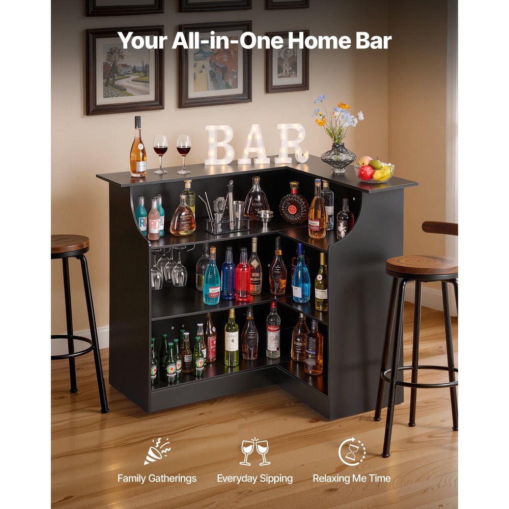VEVOR Home Bar Unit, Ντουλάπα Wine Bar σε σχήμα L Τραπέζι 4 επιπέδων με ράφια αποθήκευσης, θήκη για ποτήρι κρασιού, μέγιστη χωρητικότητα 136 kg, ντουλάπι Ξύλινων ποτών για Σπίτι, Κουζίνα, Σαλόνι, Παμπ, Υπόγειο, Μαύρο
