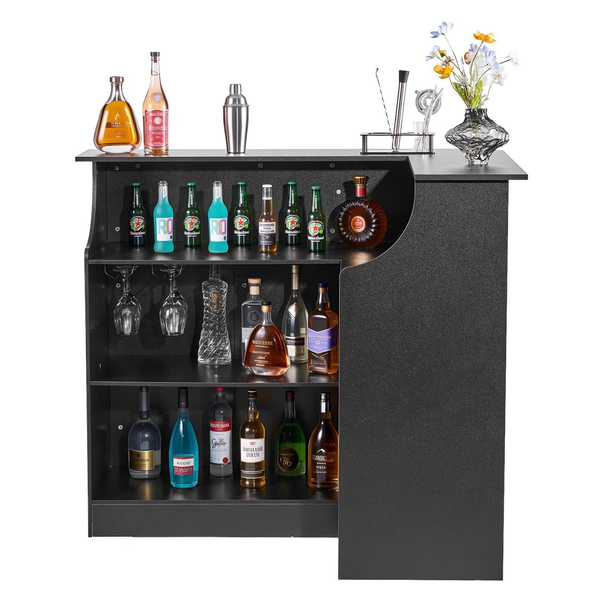 VEVOR Home Bar Unit, Ντουλάπα Wine Bar σε σχήμα L Τραπέζι 4 επιπέδων με ράφια αποθήκευσης, θήκη για ποτήρι κρασιού, μέγιστη χωρητικότητα 136 kg, ντουλάπι Ξύλινων ποτών για Σπίτι, Κουζίνα, Σαλόνι, Παμπ, Υπόγειο, Μαύρο