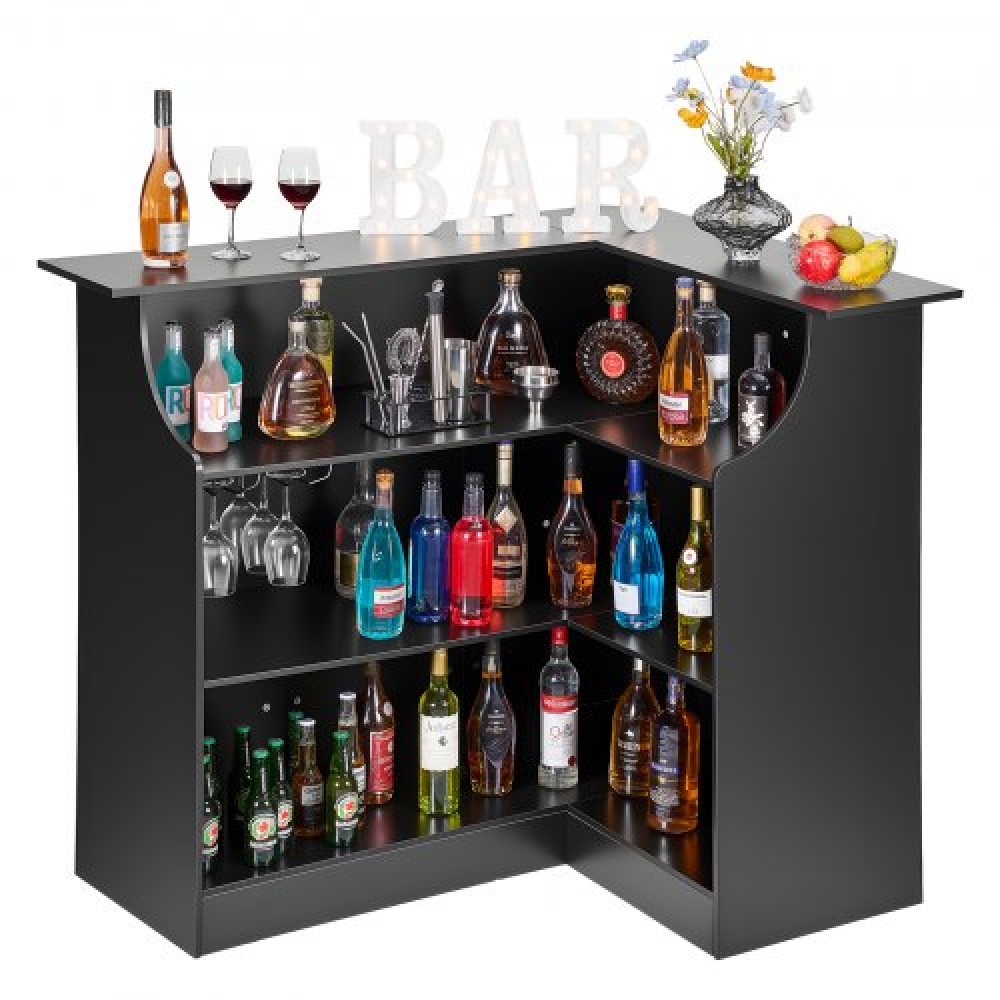 VEVOR Home Bar Unit, Ντουλάπα Wine Bar σε σχήμα L Τραπέζι 4 επιπέδων με ράφια αποθήκευσης, θήκη για ποτήρι κρασιού, μέγιστη χωρητικότητα 136 kg, ντουλάπι Ξύλινων ποτών για Σπίτι, Κουζίνα, Σαλόνι, Παμπ, Υπόγειο, Μαύρο
