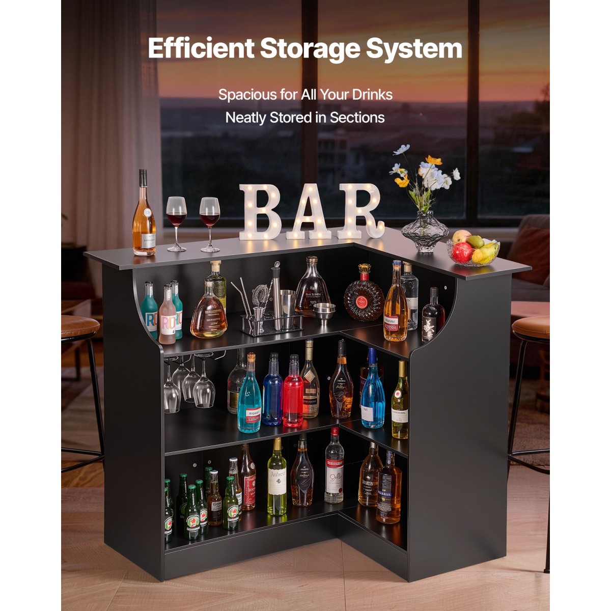 VEVOR Home Bar Unit, Ντουλάπα Wine Bar σε σχήμα L Τραπέζι 4 επιπέδων με ράφια αποθήκευσης, θήκη για ποτήρι κρασιού, μέγιστη χωρητικότητα 136 kg, ντουλάπι Ξύλινων ποτών για Σπίτι, Κουζίνα, Σαλόνι, Παμπ, Υπόγειο, Μαύρο