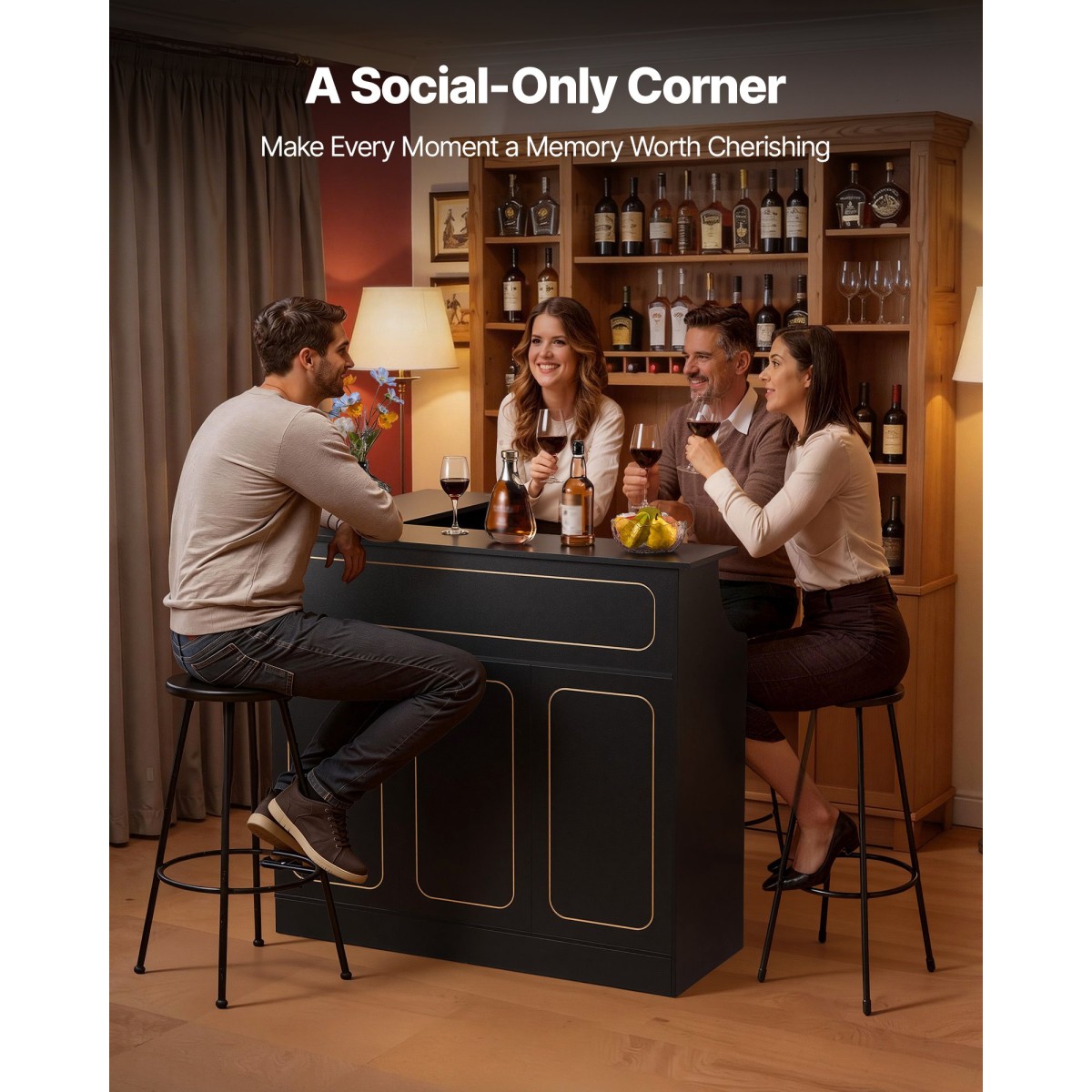 VEVOR Home Bar Unit, Ντουλάπα Wine Bar σε σχήμα L Τραπέζι 4 επιπέδων με ράφια αποθήκευσης, θήκη για ποτήρι κρασιού, μέγιστη χωρητικότητα 136 kg, ντουλάπι Ξύλινων ποτών για Σπίτι, Κουζίνα, Σαλόνι, Παμπ, Υπόγειο, Μαύρο