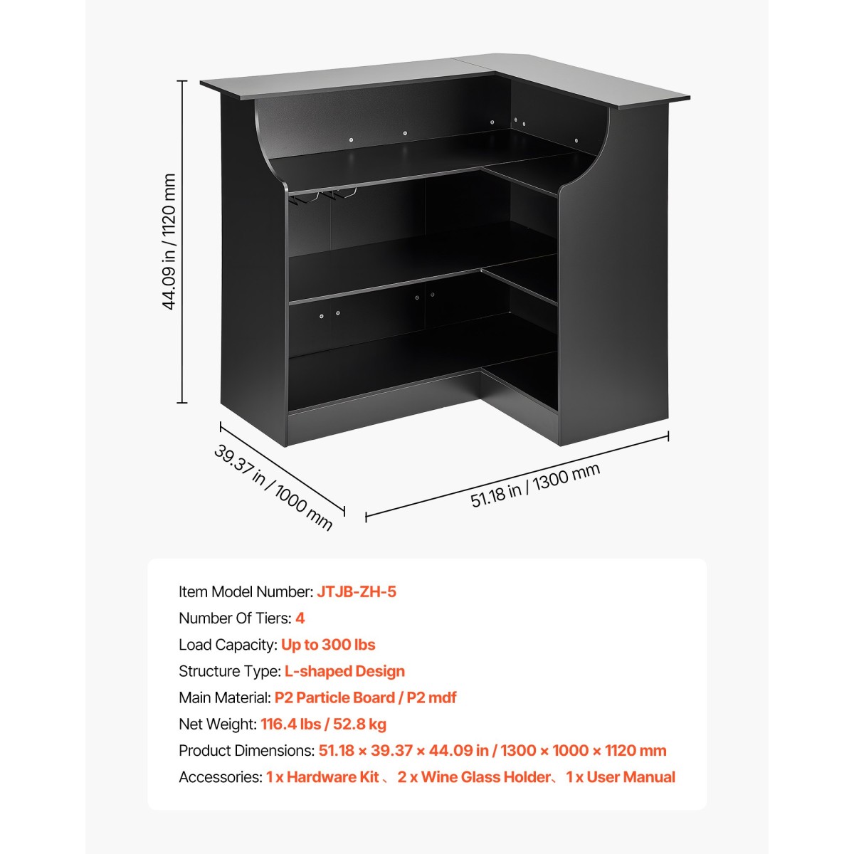 VEVOR Home Bar Unit, Ντουλάπα Wine Bar σε σχήμα L Τραπέζι 4 επιπέδων με ράφια αποθήκευσης, θήκη για ποτήρι κρασιού, μέγιστη χωρητικότητα 136 kg, ντουλάπι Ξύλινων ποτών για Σπίτι, Κουζίνα, Σαλόνι, Παμπ, Υπόγειο, Μαύρο