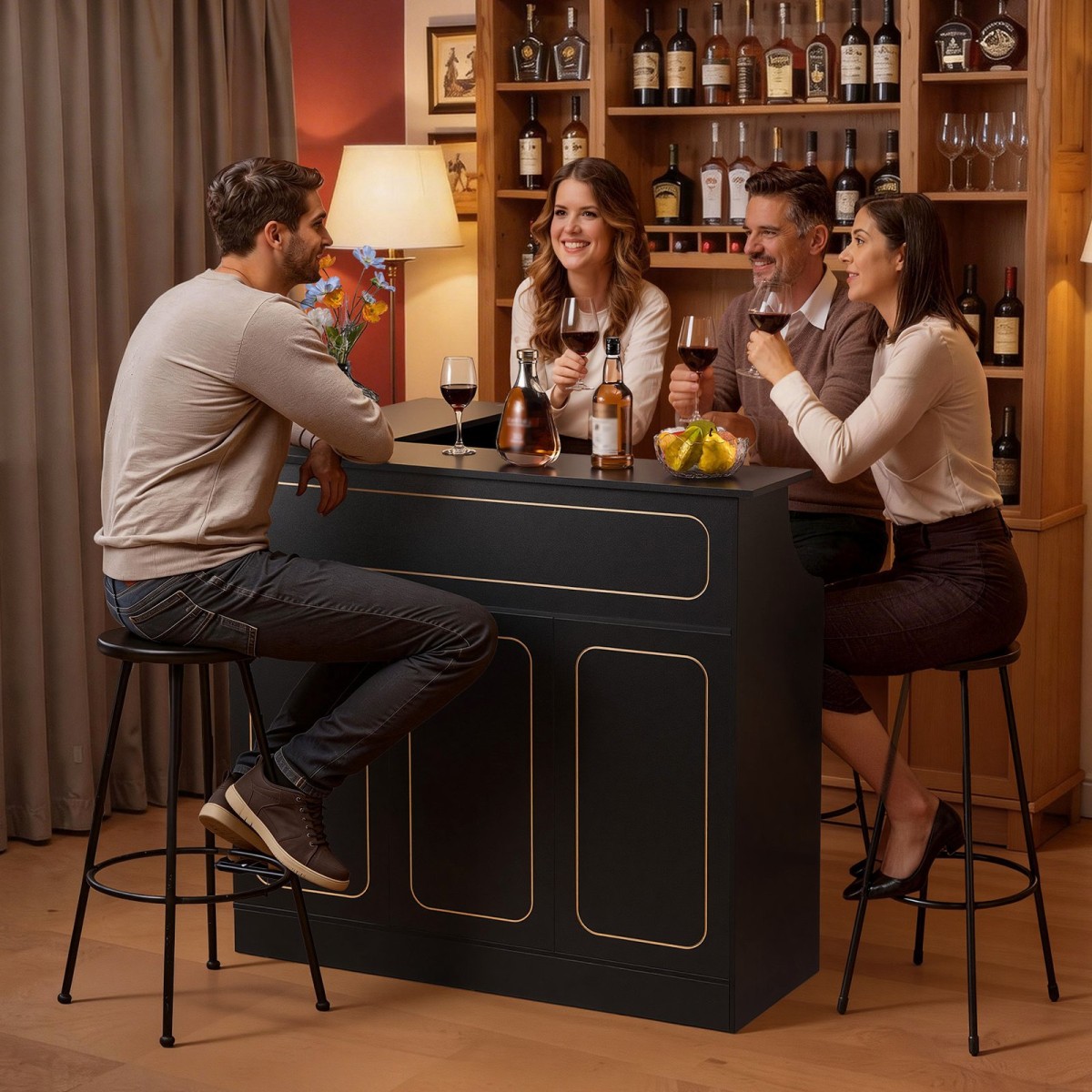 VEVOR Home Bar Unit, Ντουλάπα Wine Bar σε σχήμα L Τραπέζι 4 επιπέδων με ράφια αποθήκευσης, θήκη για ποτήρι κρασιού, μέγιστη χωρητικότητα 136 kg, ντουλάπι Ξύλινων ποτών για Σπίτι, Κουζίνα, Σαλόνι, Παμπ, Υπόγειο, Μαύρο