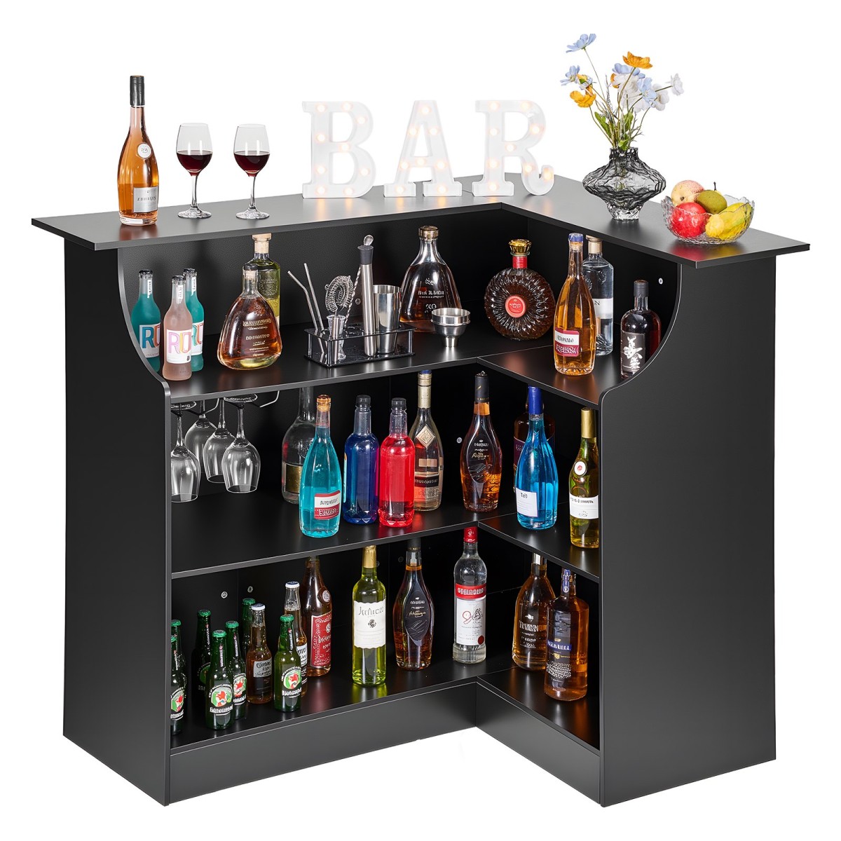 VEVOR Home Bar Unit, Ντουλάπα Wine Bar σε σχήμα L Τραπέζι 4 επιπέδων με ράφια αποθήκευσης, θήκη για ποτήρι κρασιού, μέγιστη χωρητικότητα 136 kg, ντουλάπι Ξύλινων ποτών για Σπίτι, Κουζίνα, Σαλόνι, Παμπ, Υπόγειο, Μαύρο