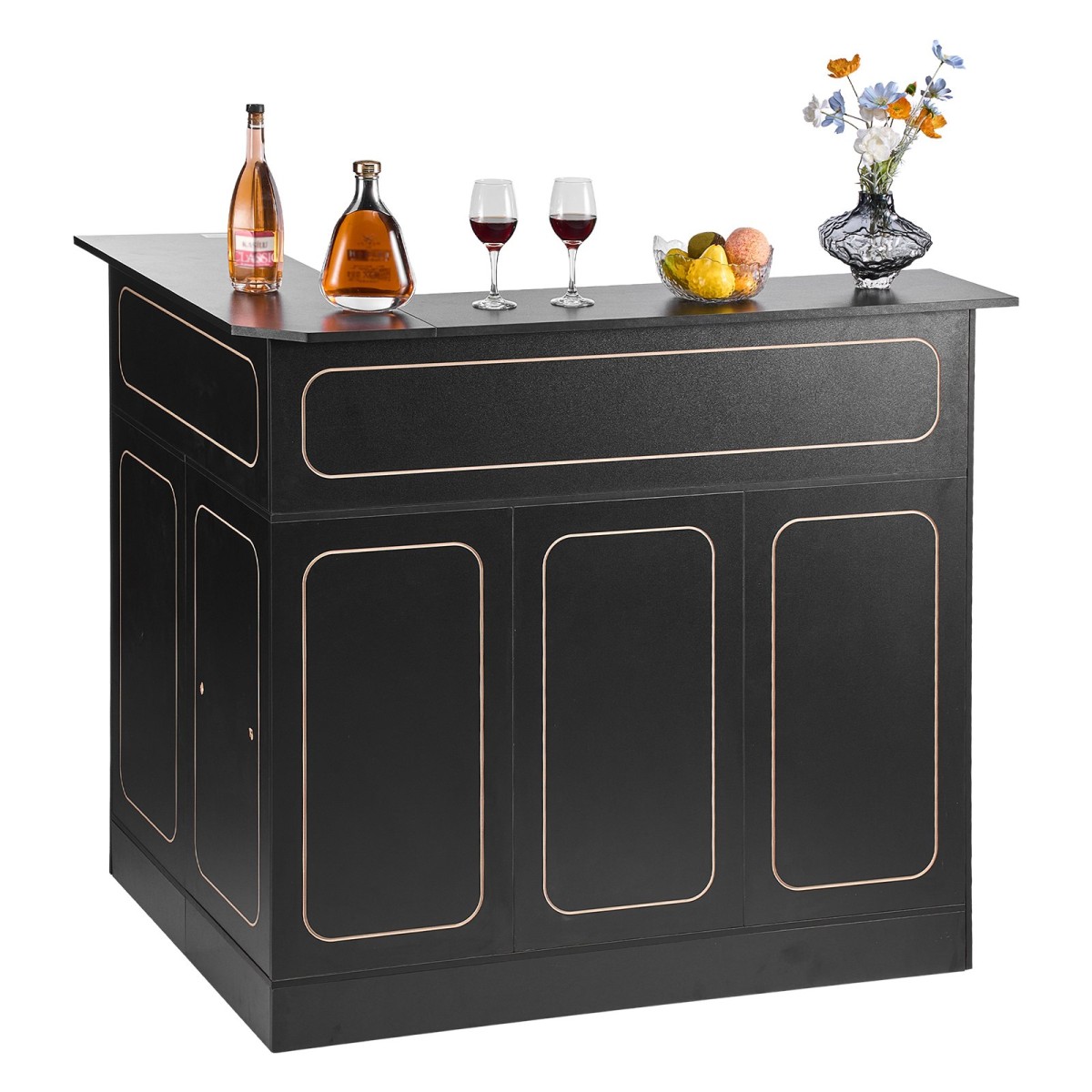 VEVOR Home Bar Unit, Ντουλάπα Wine Bar σε σχήμα L Τραπέζι 4 επιπέδων με ράφια αποθήκευσης, θήκη για ποτήρι κρασιού, μέγιστη χωρητικότητα 136 kg, ντουλάπι Ξύλινων ποτών για Σπίτι, Κουζίνα, Σαλόνι, Παμπ, Υπόγειο, Μαύρο