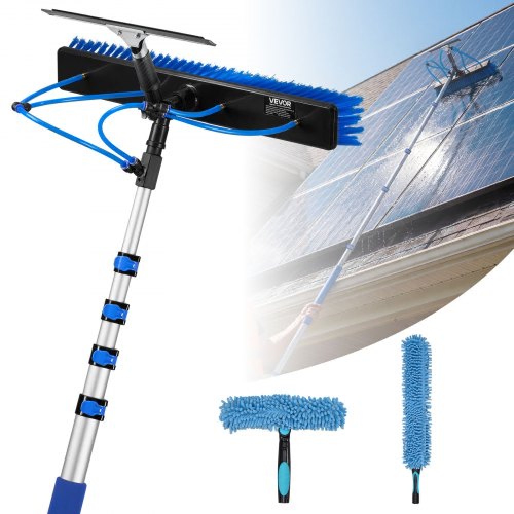 VEVOR Solar Panel Cleaning Kit, 4.6 m, Water Fed Pole Kit with Cleaning Brush, Squeegee, Soap Dispenser, Extendable Aluminum Telescopic Pole, 180° Rotatable Brush Head, for Roof Mounted Solar Panels