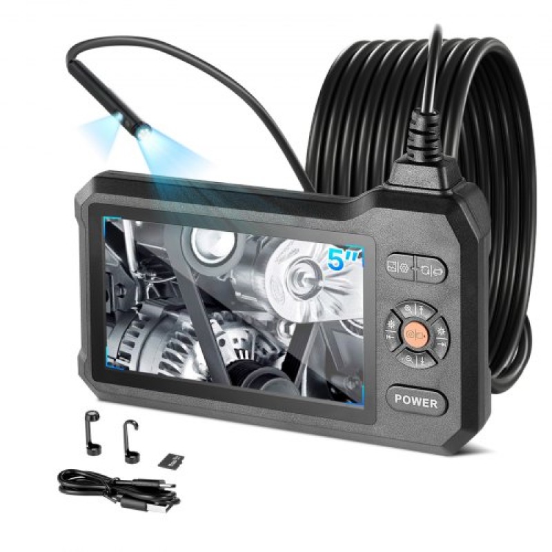 Ενδοσκόπιο διπλού φακού VEVOR με φως, 5" HD IPS Screen Industrial Borescope Camera, Λεπτός φακός 5,5 mm, Ζουμ 8X, IP67 Αδιάβροχη κάμερα επιθεώρησης φιδιού για αυτοκίνητα, υδραυλικά (5m άκαμπτο καλώδιο)