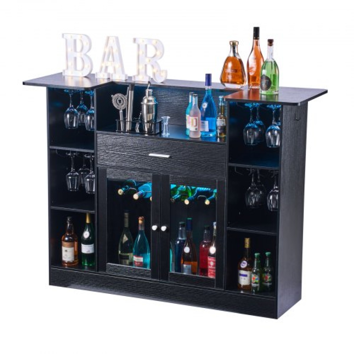 VEVOR Home Bar Unit, Wine Bar Ντουλάπα Τραπέζι 4 επιπέδων με ράφια συρταριών αποθήκευσης, θήκη για ποτήρια κρασιού, σχάρα μπουκαλιών, φως LED, ντουλάπι ποτών από ξύλο και μέταλλο για σπίτι, υπόγειο, κουζίνα, σαλόνι, μαύρο