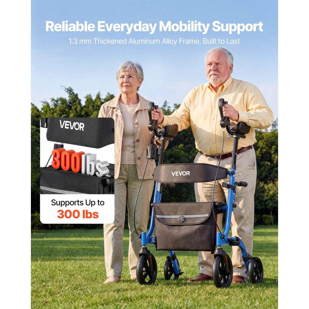 VEVOR Rollator Walker με κάθισμα για ηλικιωμένους, Αναδιπλούμενο Rolling Walker, Ελαφρύ βοήθημα κινητικότητας αλουμινίου με PU συμπαγείς τροχούς, Ρυθμιζόμενη λαβή, τσάντα αποθήκευσης, θήκη ποτηριών/μπαστουνιού - Υποστηρίζει 136kg