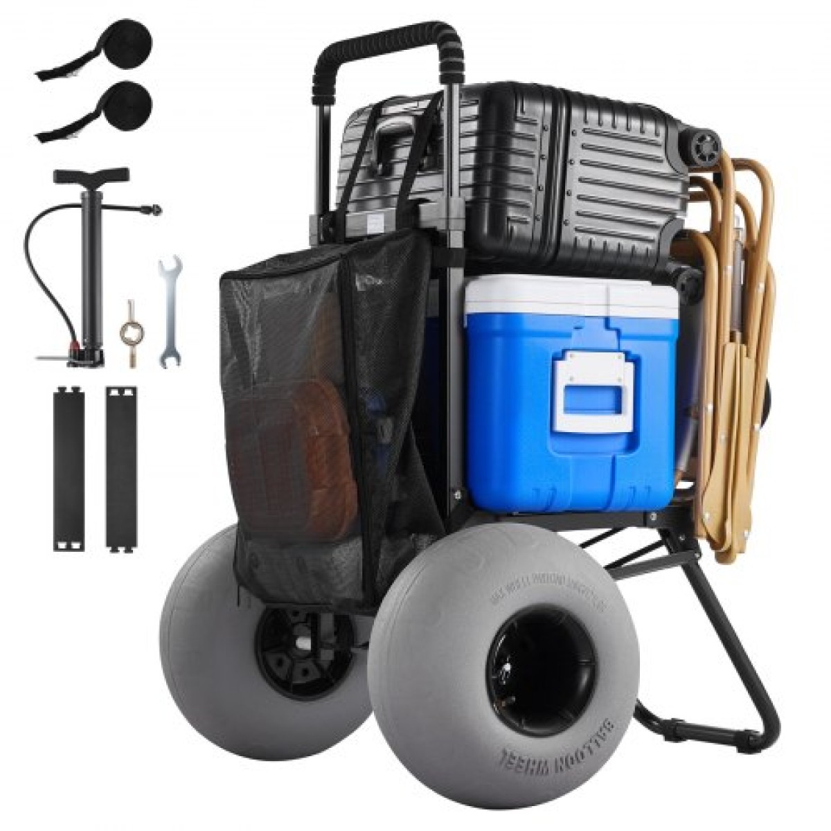 VEVOR Beach Dolly with Big Wheels for Sand, 460 x 375 mm Cargo Deck, Folding Sand Cart with 320 mm Balloon Wheels, 75 kg Load Capacity, 855-1150 mm Adjustable Height, Heavy Duty Cart for Beach Camping