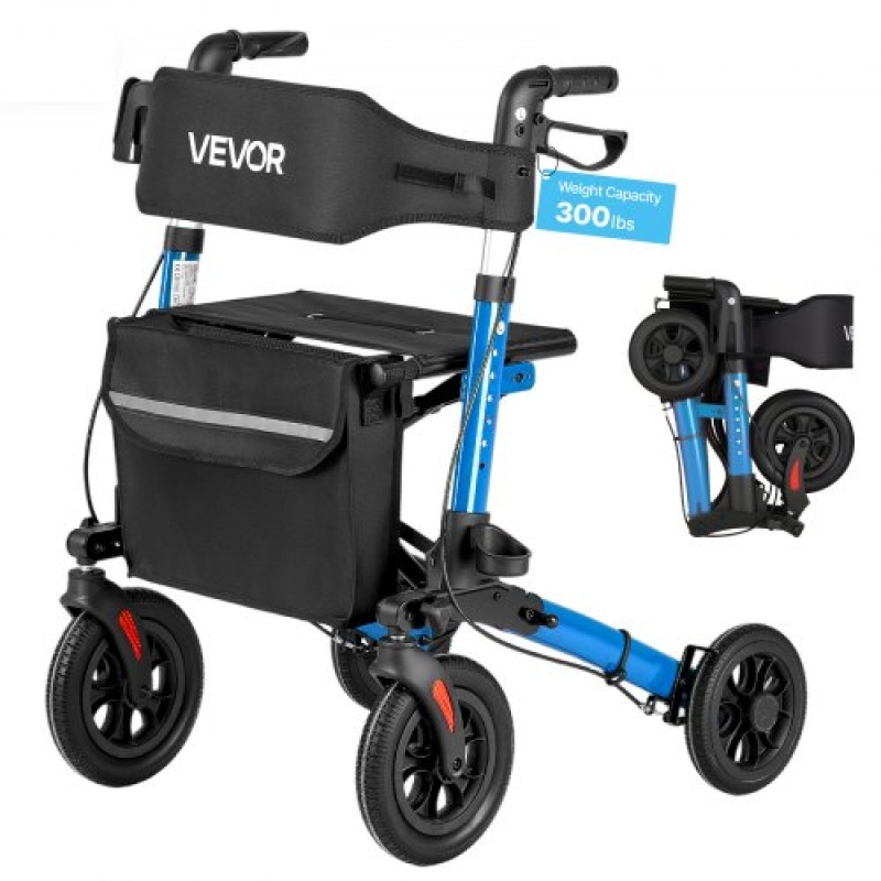 VEVOR Rollator Walker με κάθισμα για ηλικιωμένους, Ultra Compact 3-fold Rolling Walker, ελαφρύ αλουμίνιο Mobility Walking Aid με συμπαγείς τροχούς PU, Ρυθμιζόμενη λαβή, θήκη για φλιτζάνια και μπαστούνι - Υποστηρίζει 136 κιλά