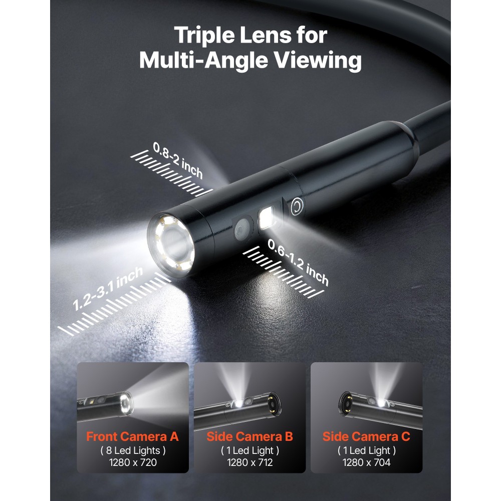 VEVOR Triple Lens Endoscope with Light, 5" HD IPS Screen Industrial Borescope Camera, 1280 x 720 Lens, 8 + 2 LED, Zoom 8X, IP67 Waterproof Inspection Snake Camera για Αυτοκίνητα, Υδραυλικά (5m άκαμπτο καλώδιο)