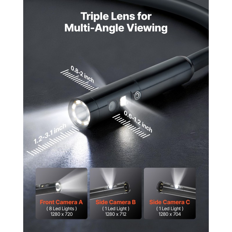VEVOR Triple Lens Endoscope with Light, 5" HD IPS Screen Industrial Borescope Camera, 1280 x 720 Lens, 8 + 2 LED, Zoom 8X, IP67 Waterproof Inspection Snake Camera για Αυτοκίνητα, Υδραυλικά (5m άκαμπτο καλώδιο)